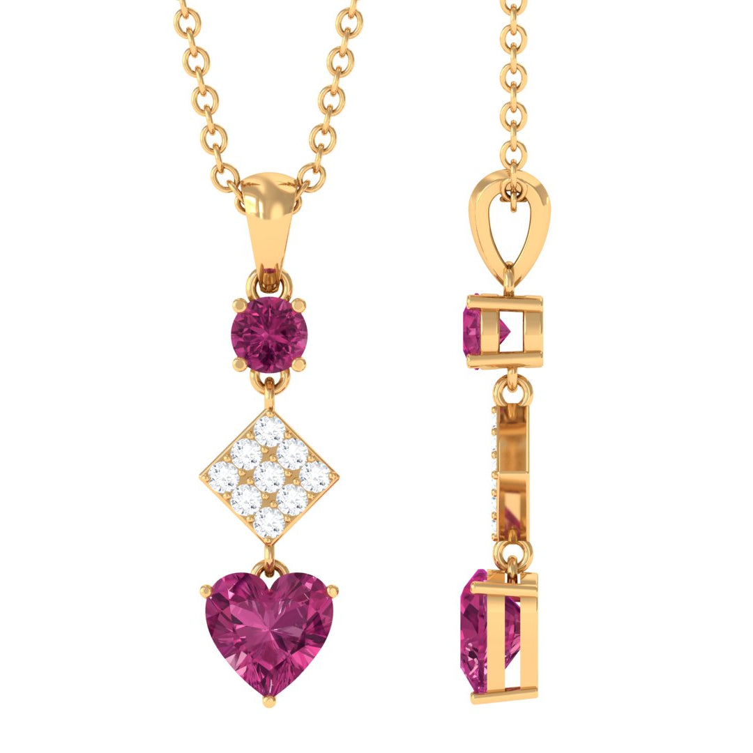 Round and Heart Shape Pink Tourmaline Dangle Pendant with Diamond AAA - Rosec Jewels