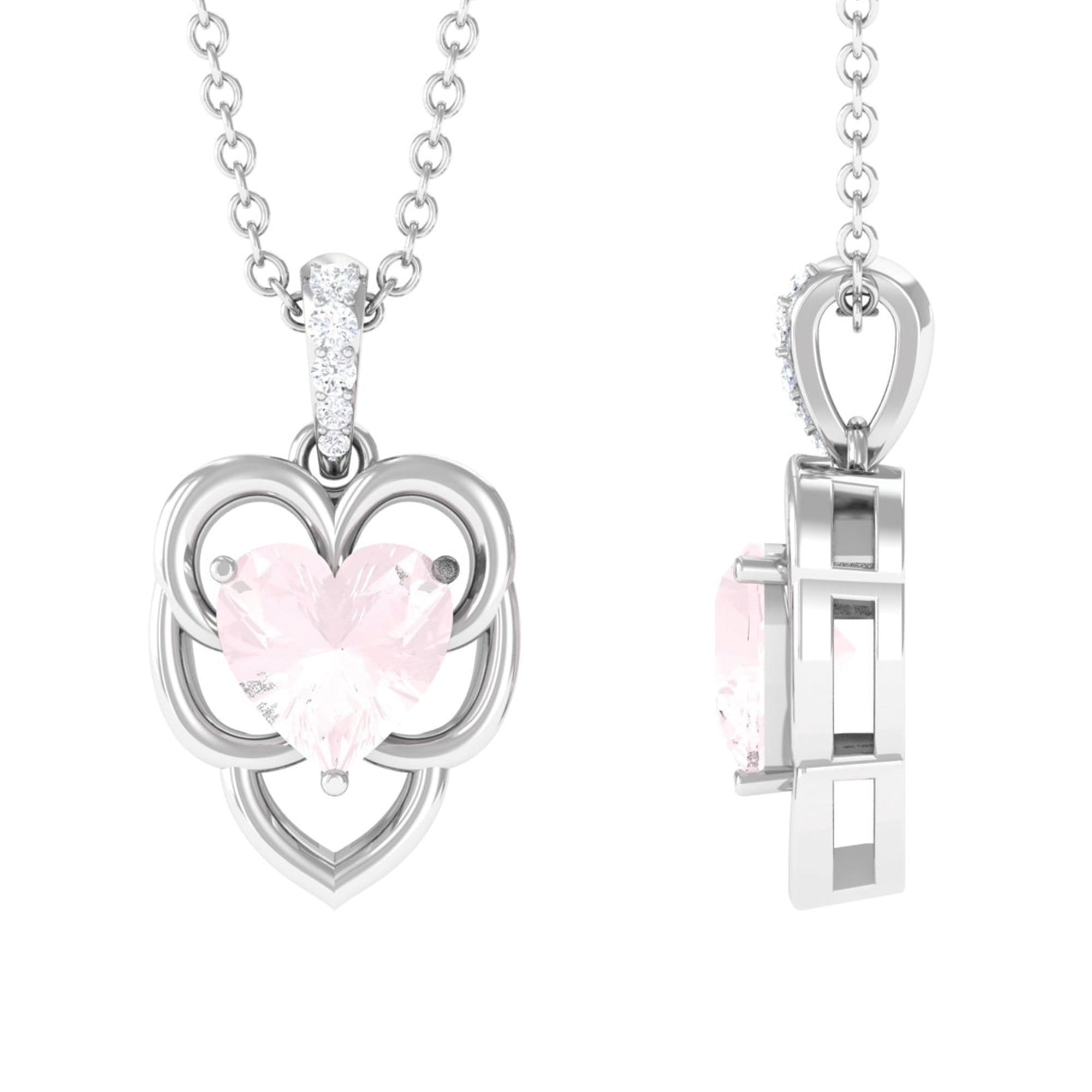 Solitaire 8 MM Rose Quartz Heart Necklace with Diamond