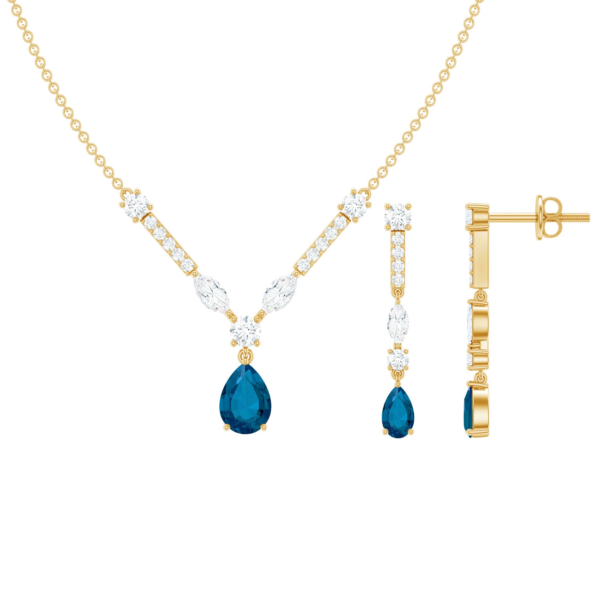 Pear Shape London Blue Topaz and Moissanite Wedding Necklace Earrings Set AAA - Rosec Jewels