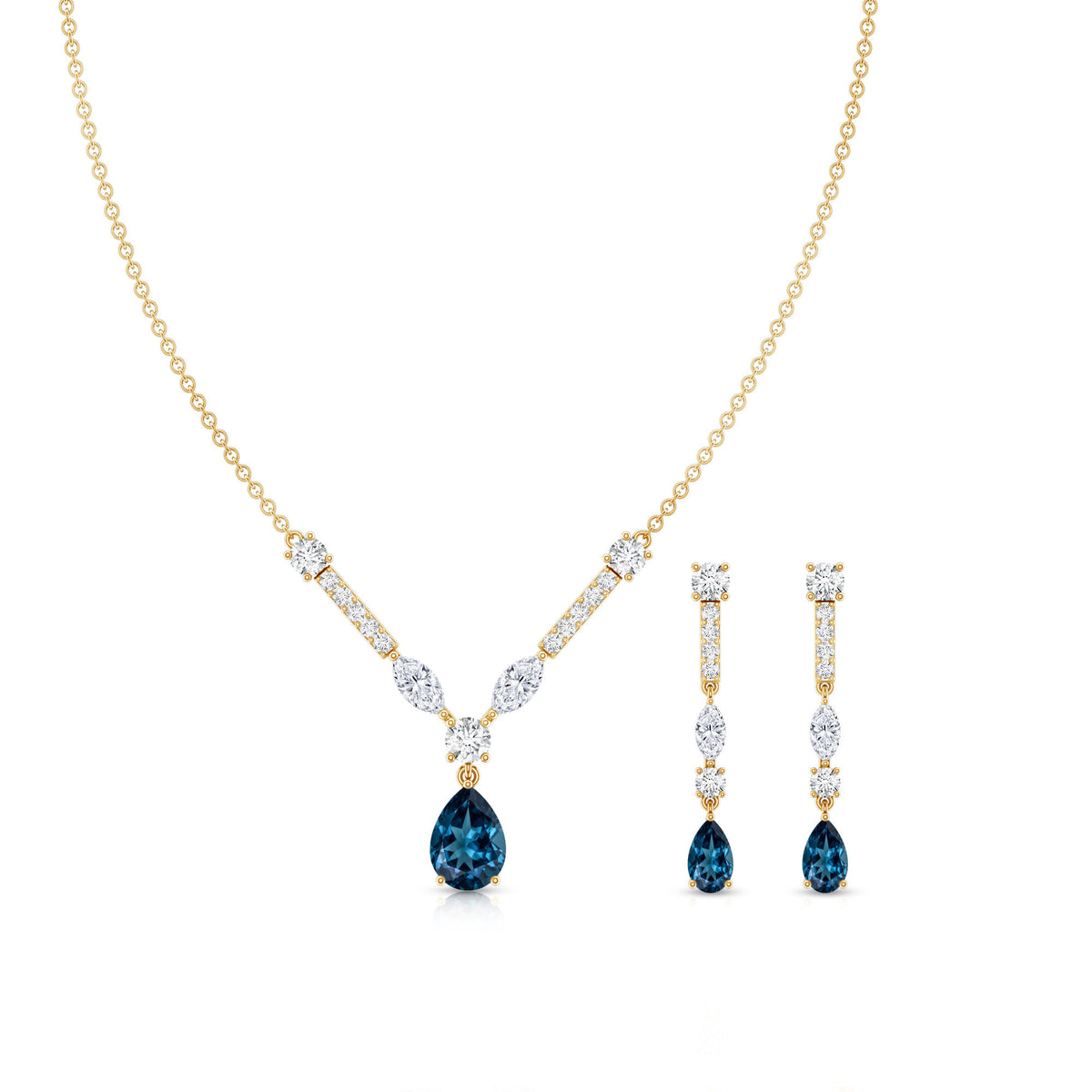 Pear Shape London Blue Topaz and Moissanite Wedding Necklace Earrings Set AAA - Rosec Jewels