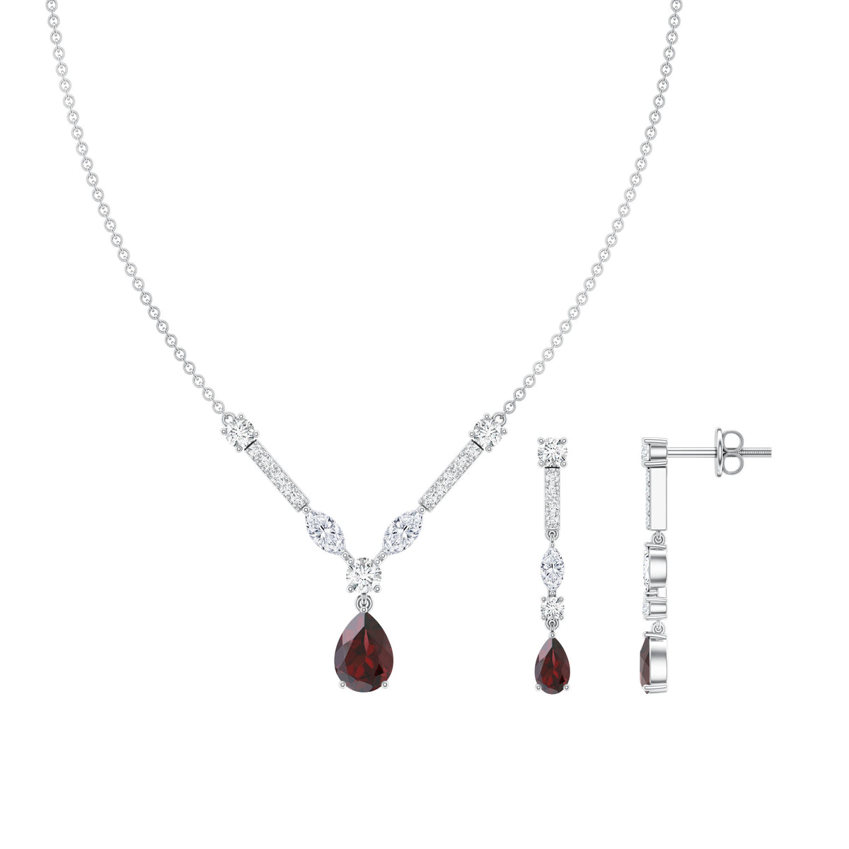 Garnet Drop & Dangle Necklace and Earrings Set with Moissanite AAA - Rosec Jewels