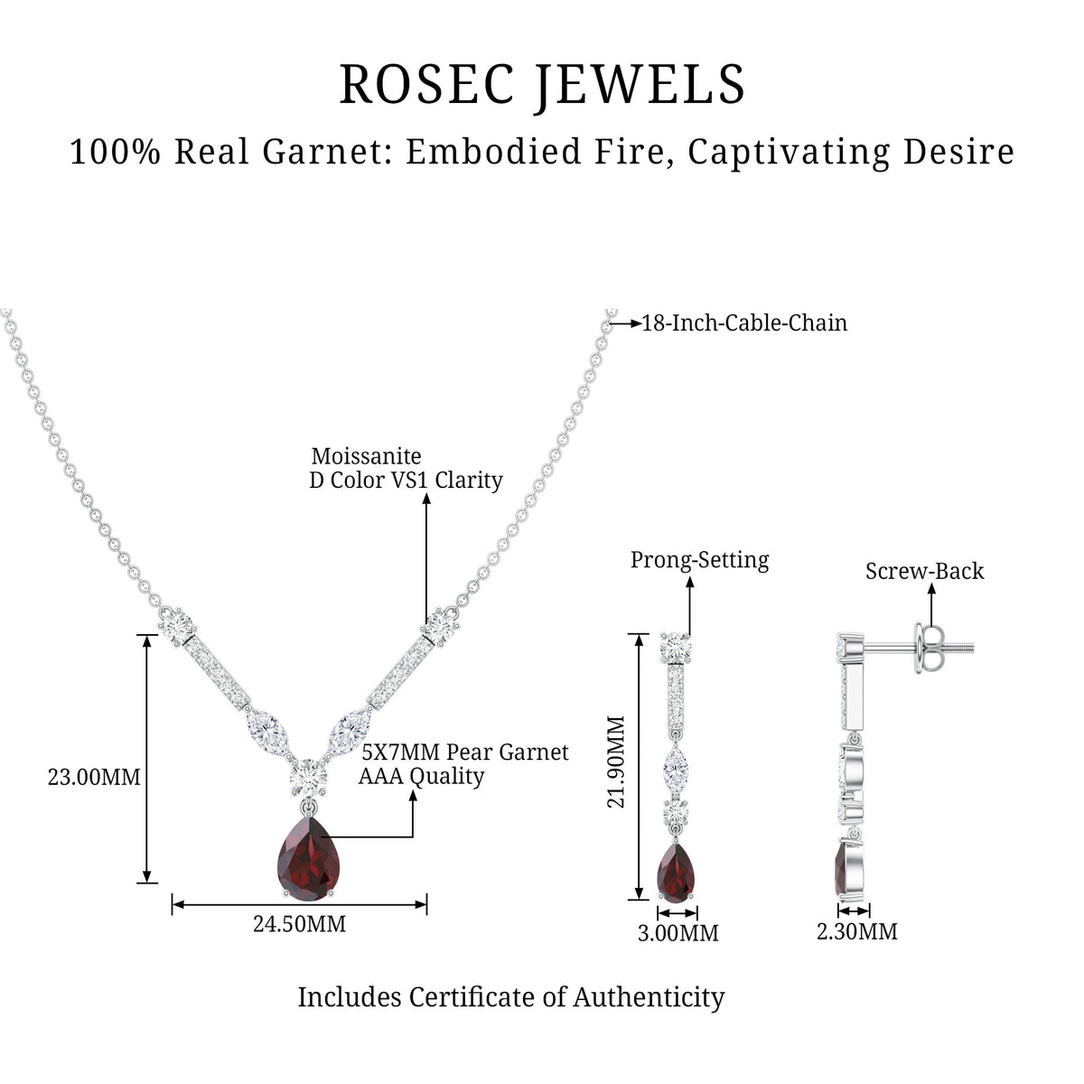 Garnet Drop & Dangle Necklace and Earrings Set with Moissanite AAA - Rosec Jewels
