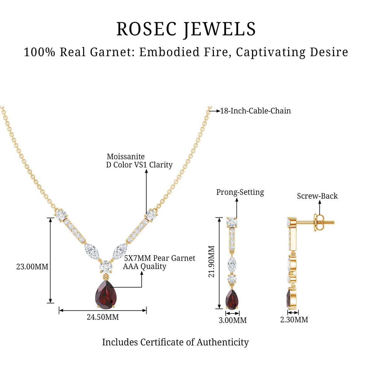 Garnet Drop & Dangle Necklace and Earrings Set with Moissanite AAA - Rosec Jewels