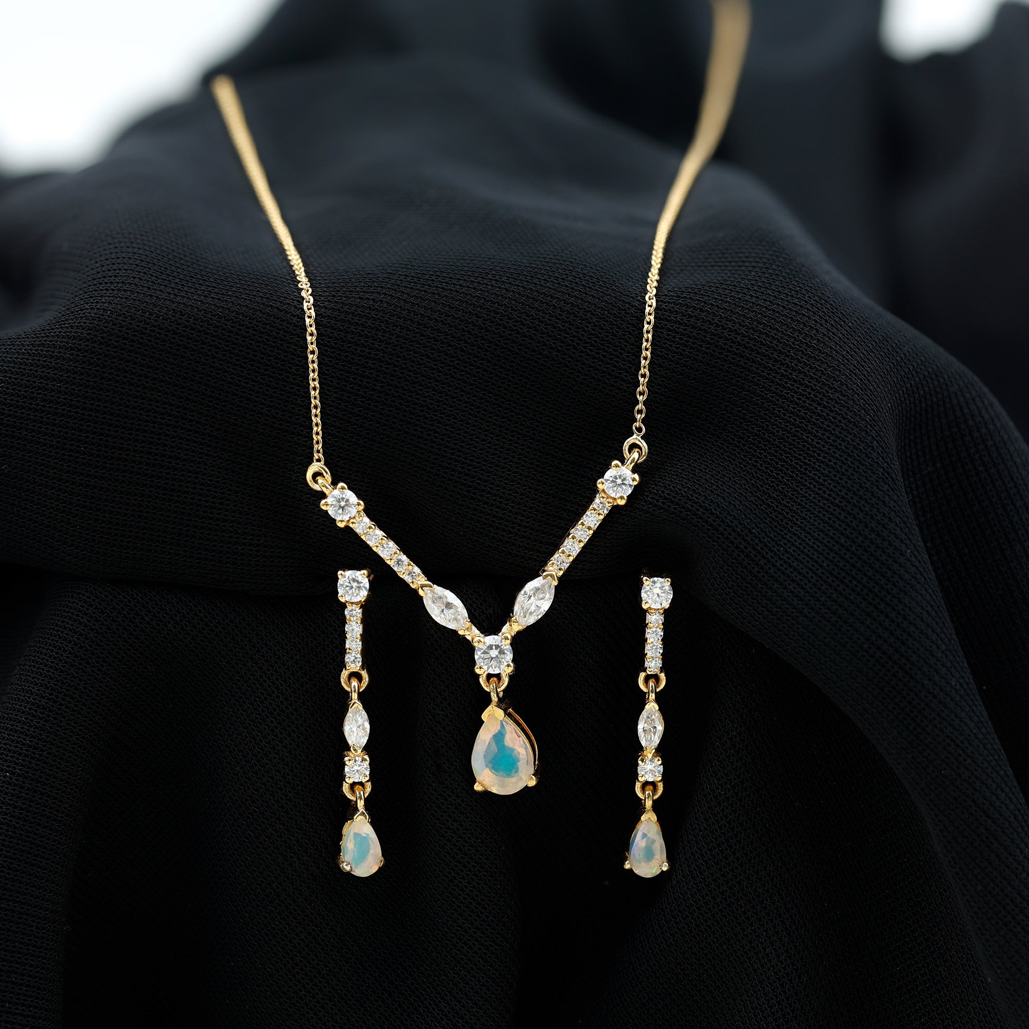 Natural Ethiopian Opal and Moissanite Teardrop Jewelry Set Ethiopian Opal - ( AAA ) - Quality - Rosec Jewels