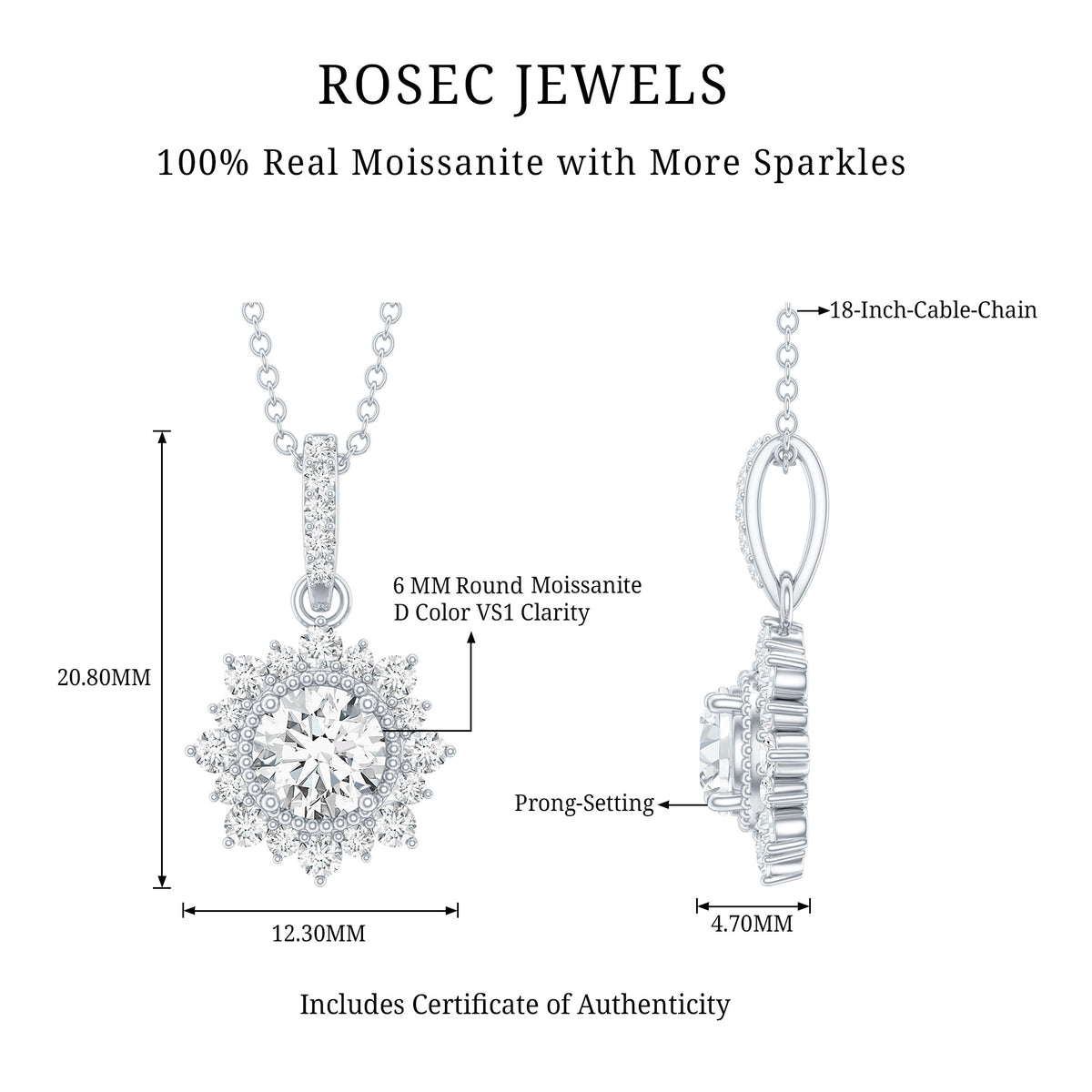 1 Carat Moissanite Vintage Inspired Necklace for Wedding D-VS1 92.5 Sterling Silver - Rosec Jewels