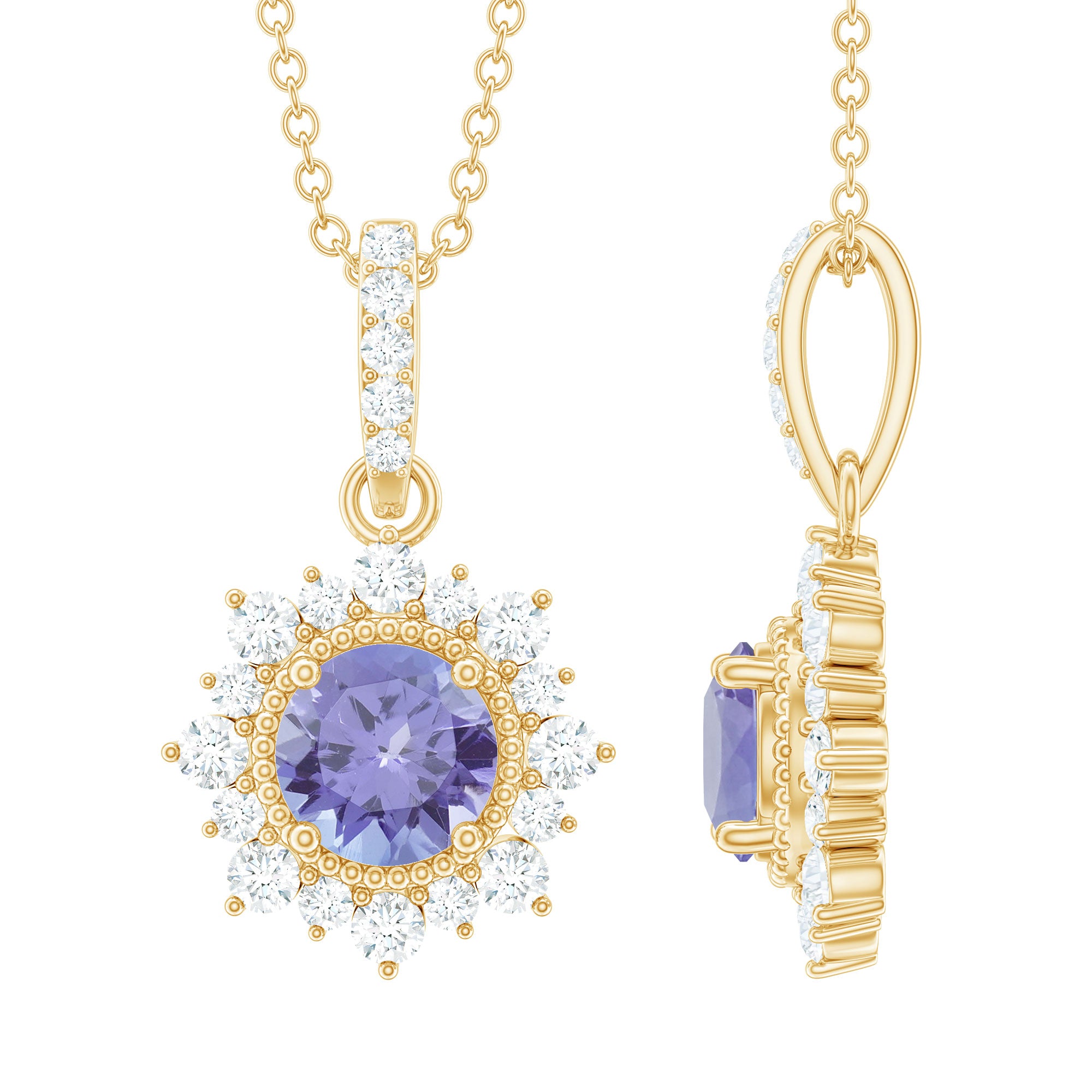 Round Tanzanite Bridal Necklace with Diamond Accent Bail AAA - Rosec Jewels