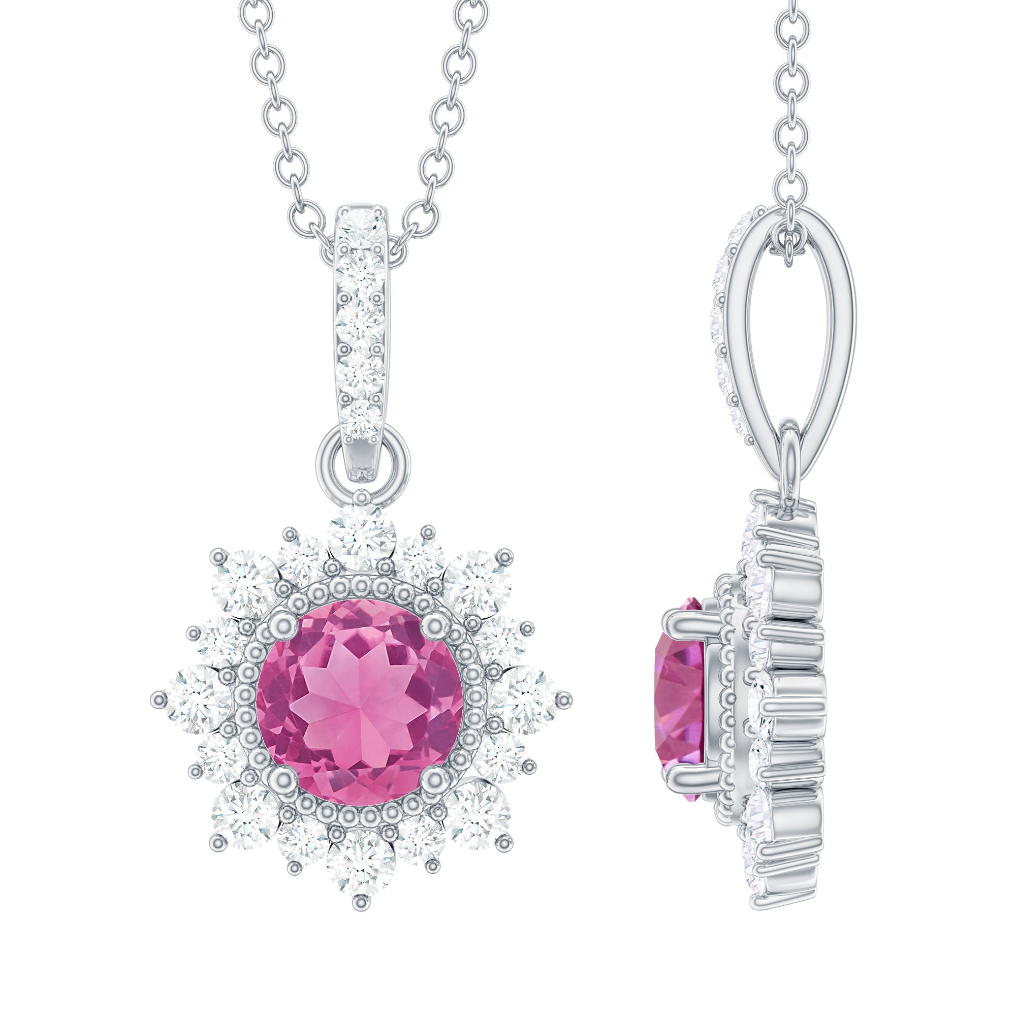Natural 1.2 Carat Round Pink Tourmaline and Diamond Halo Pendant