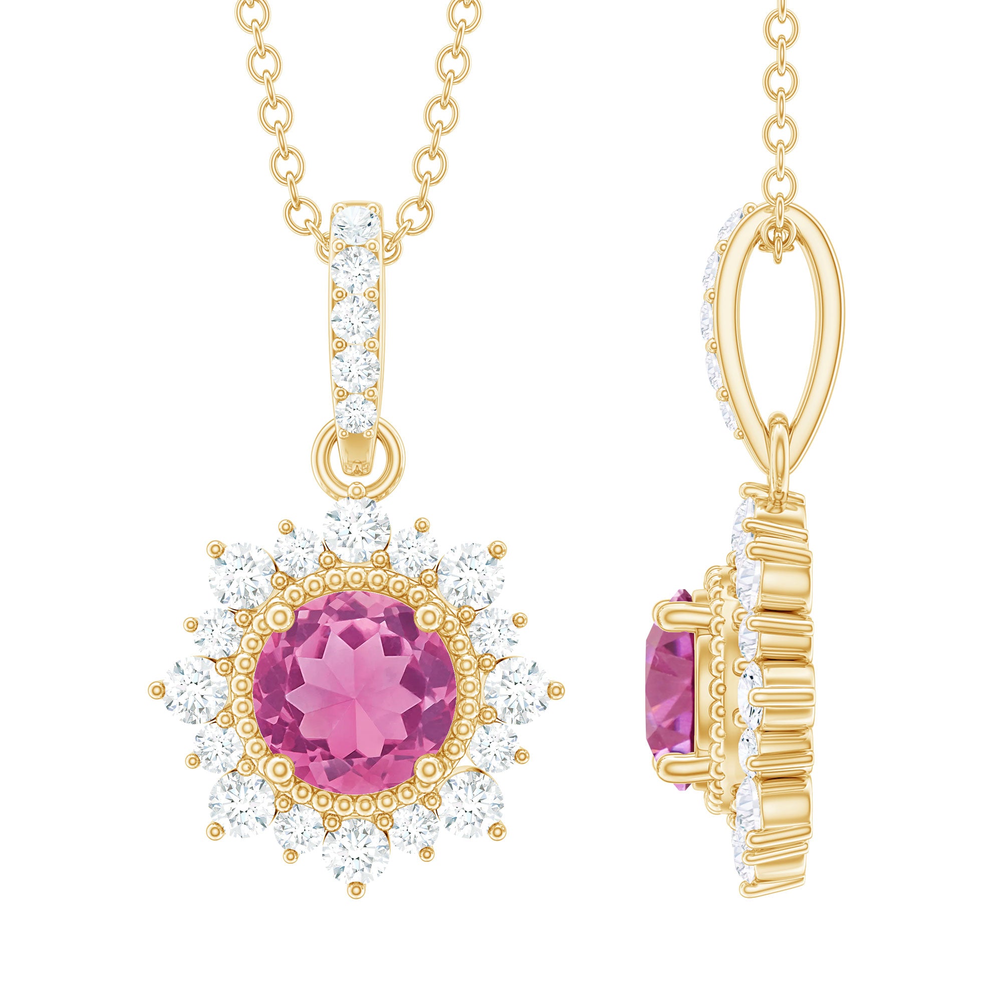 Natural 1.2 Carat Round Pink Tourmaline and Diamond Halo Pendant AAA - Rosec Jewels