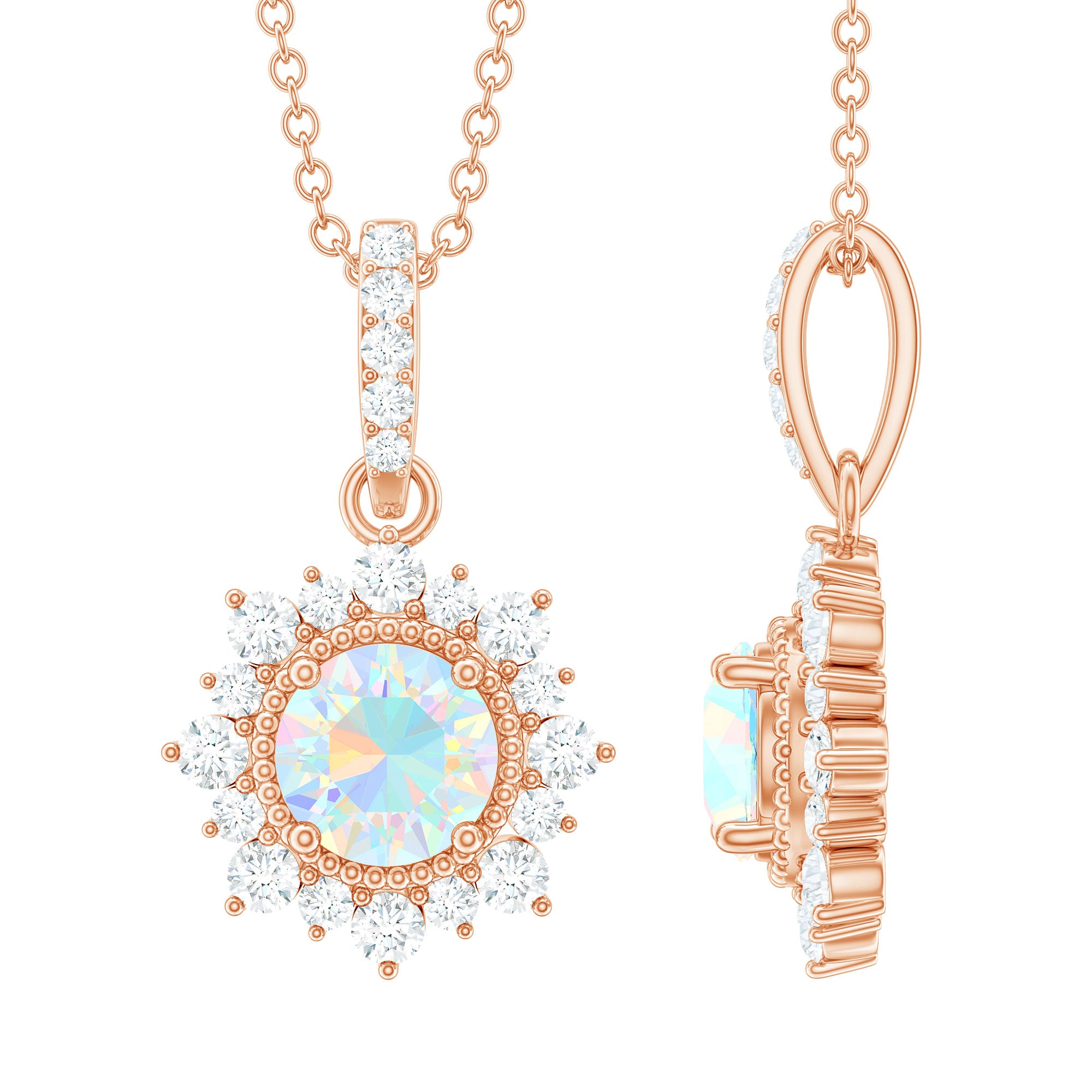 Natural 0.8 Ethiopian Opal Flower Necklace with Diamond Halo AAA - Rosec Jewels