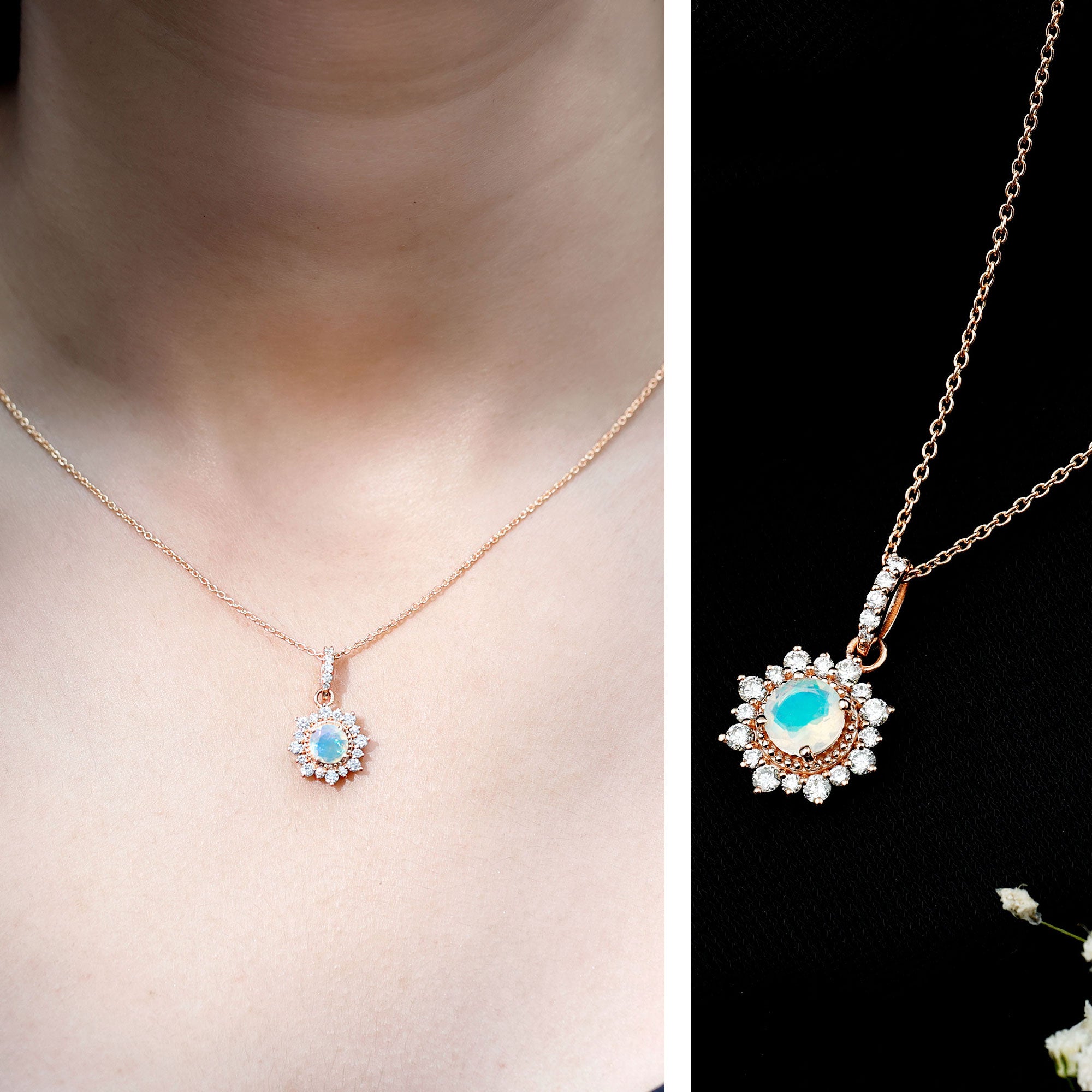 Natural 0.8 Ethiopian Opal Flower Necklace with Diamond Halo AAA - Rosec Jewels