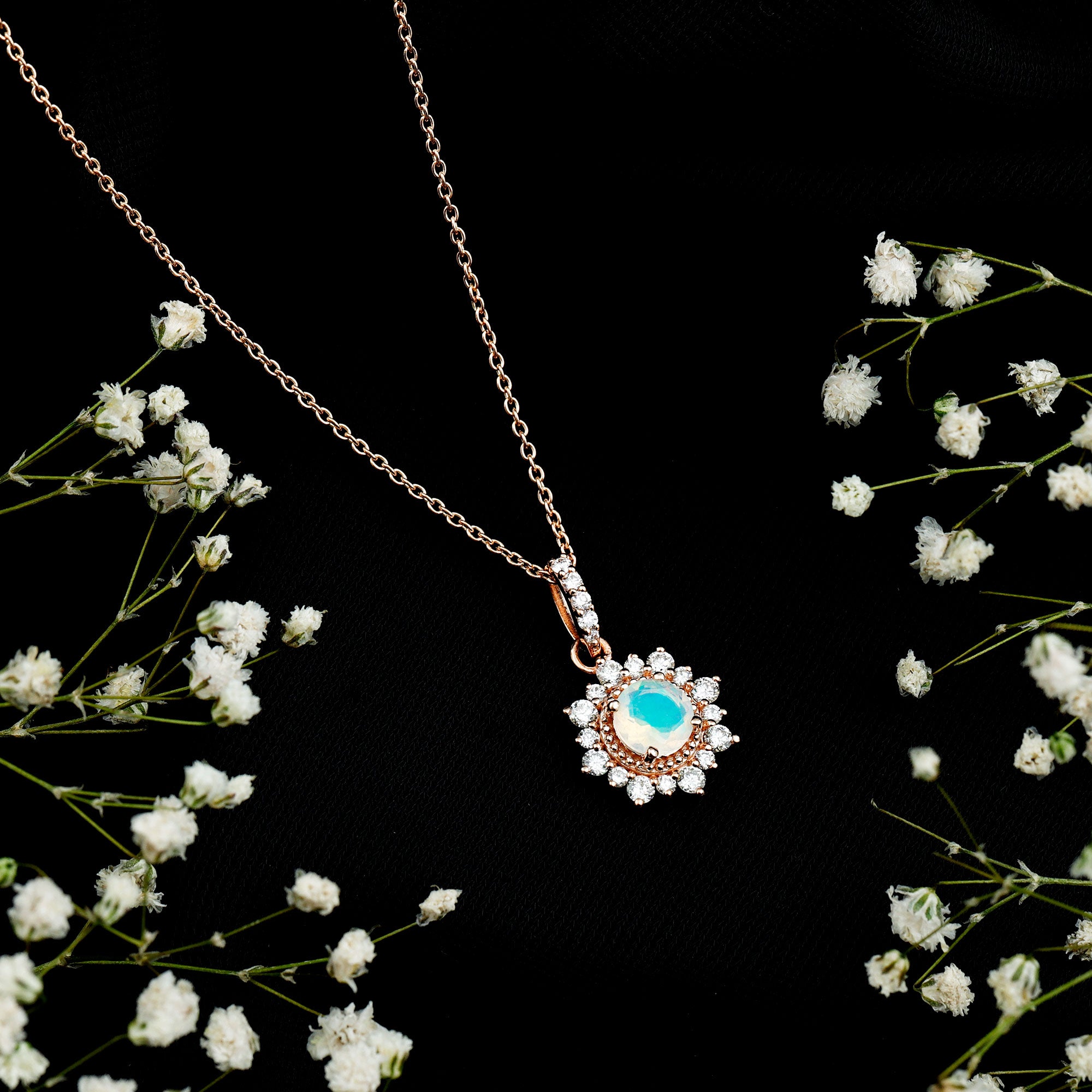 Natural 0.8 Ethiopian Opal Flower Necklace with Diamond Halo AAA - Rosec Jewels