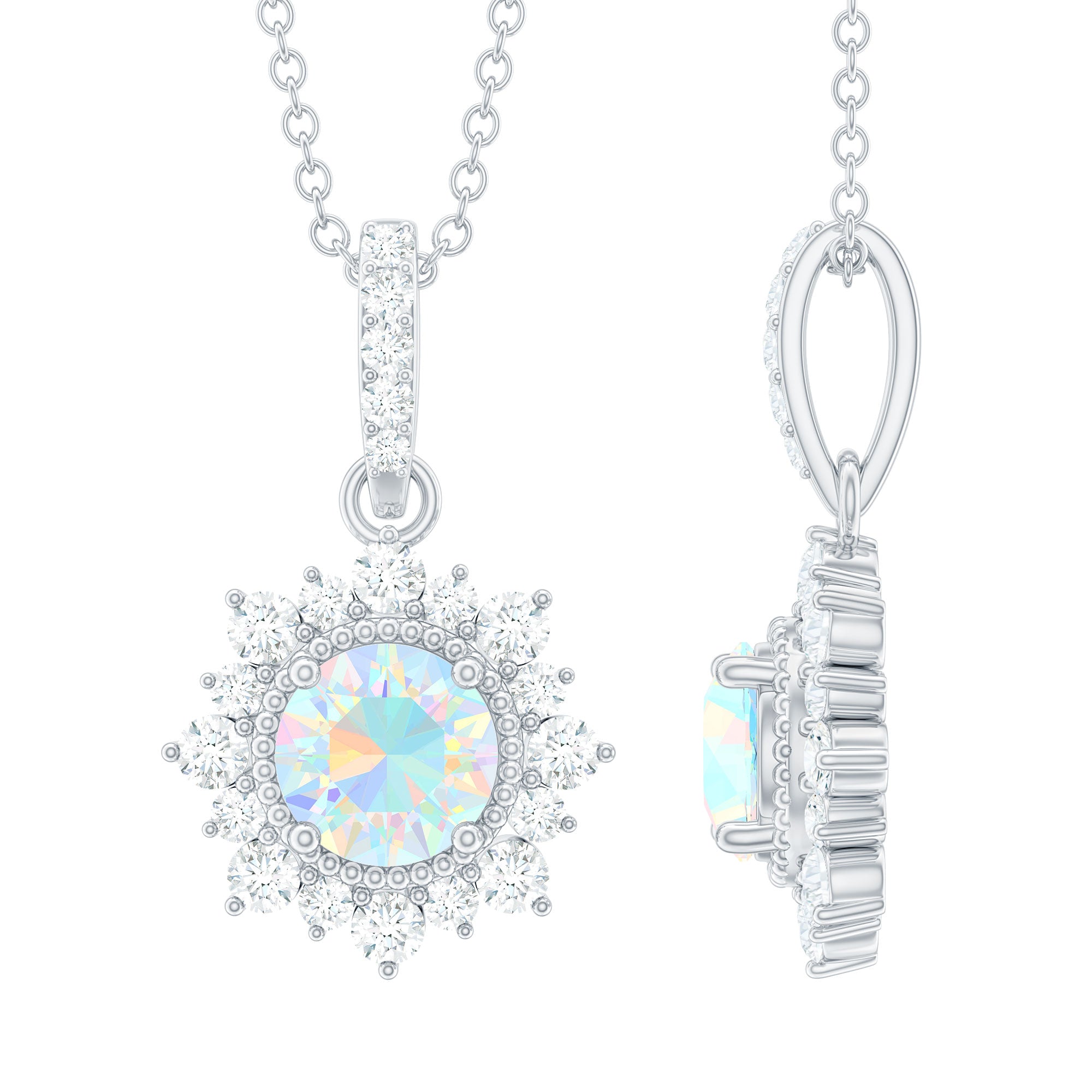 Real Rainbow Opal Necklace with Diamond Halo