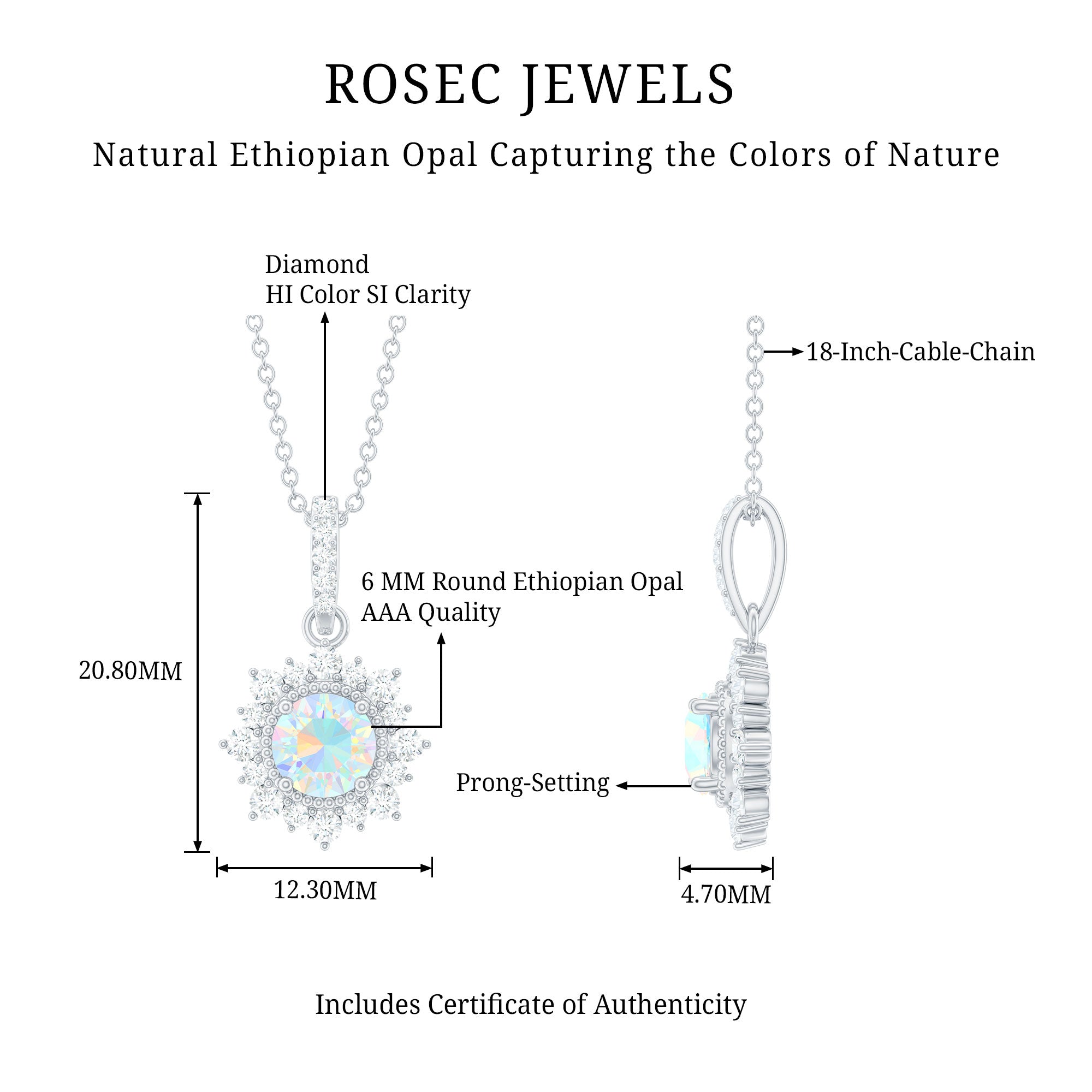 Natural 0.8 Ethiopian Opal Flower Necklace with Diamond Halo AAA - Rosec Jewels