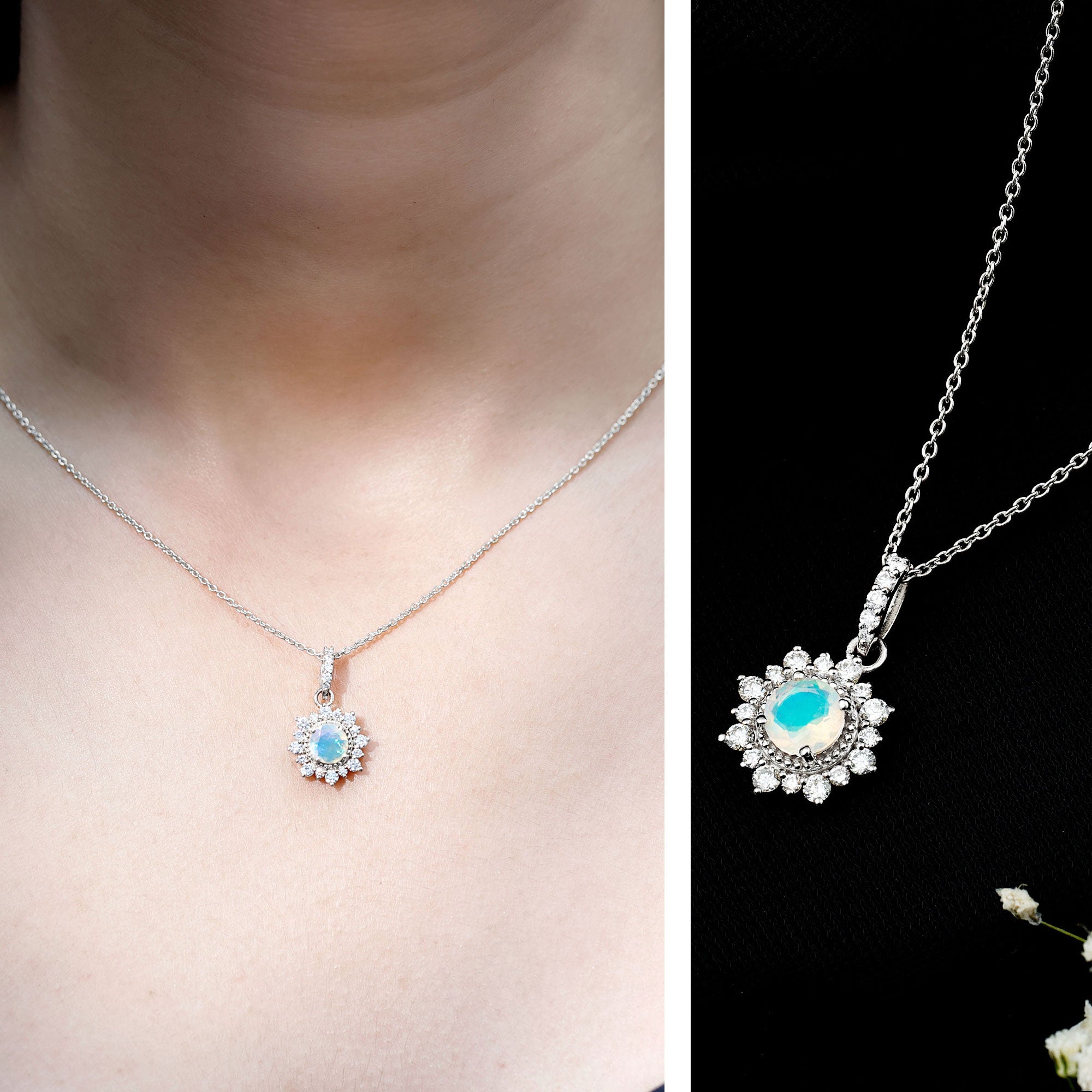 Natural 0.8 Ethiopian Opal Flower Necklace with Diamond Halo AAA - Rosec Jewels