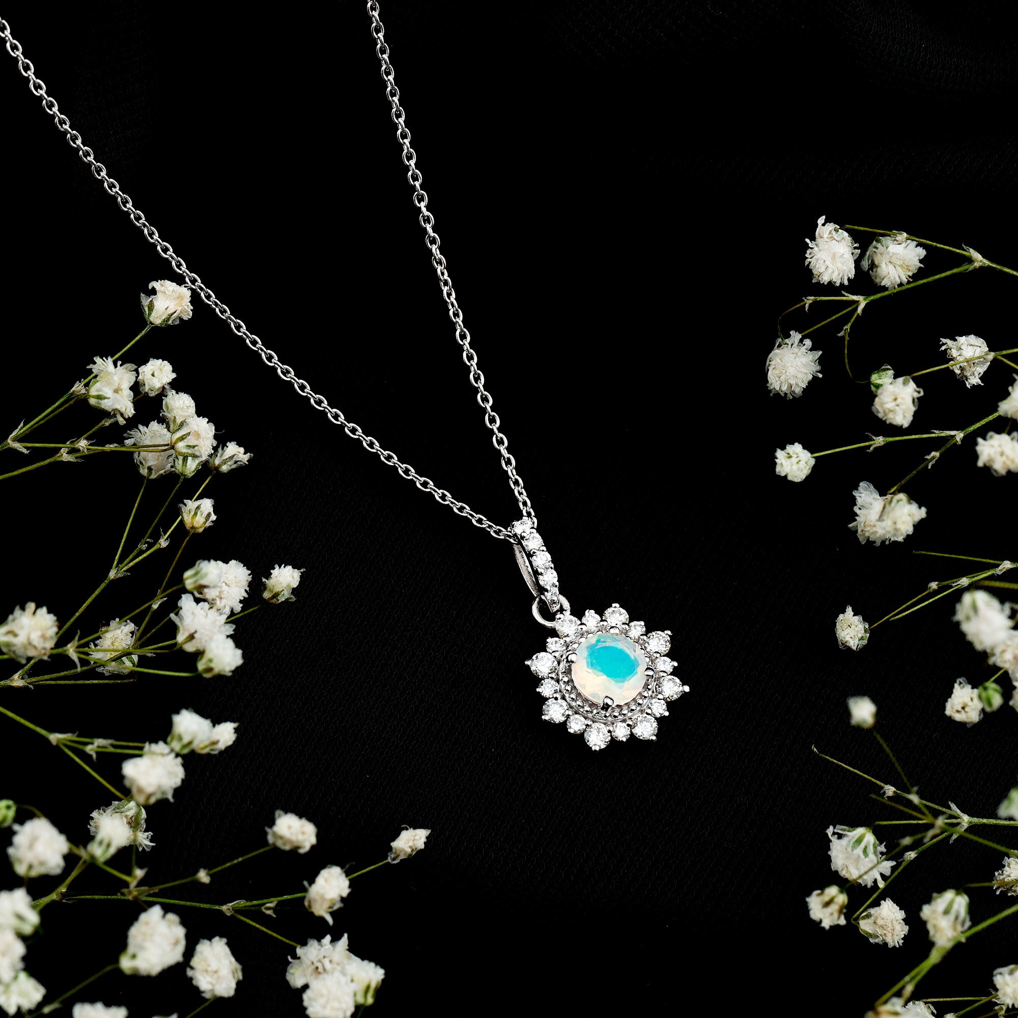 Natural 0.8 Ethiopian Opal Flower Necklace with Diamond Halo AAA - Rosec Jewels