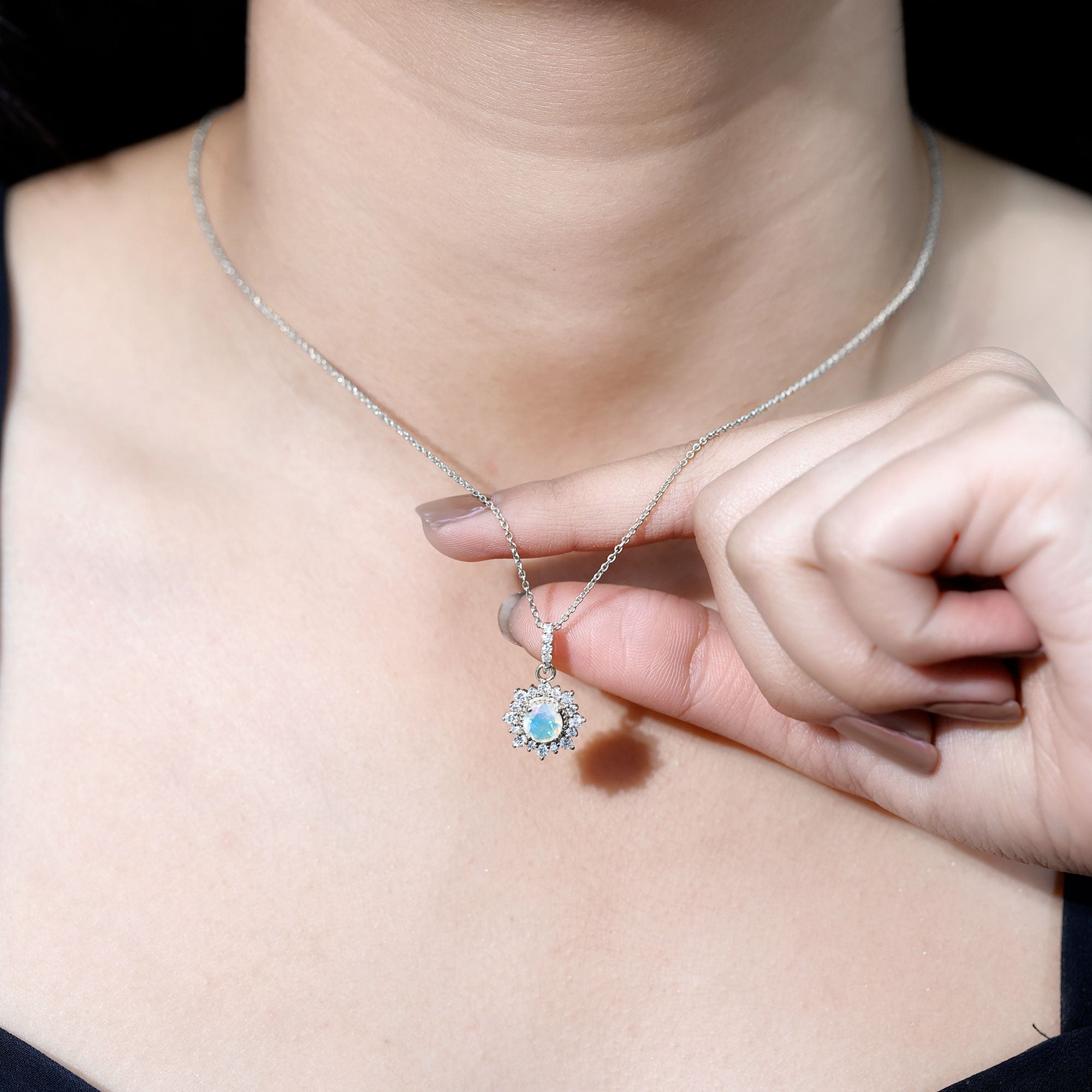 Natural 0.8 Ethiopian Opal Flower Necklace with Diamond Halo AAA - Rosec Jewels