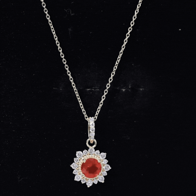 Round Fire Opal and Diamond Halo Pendant Necklace AAA - Rosec Jewels