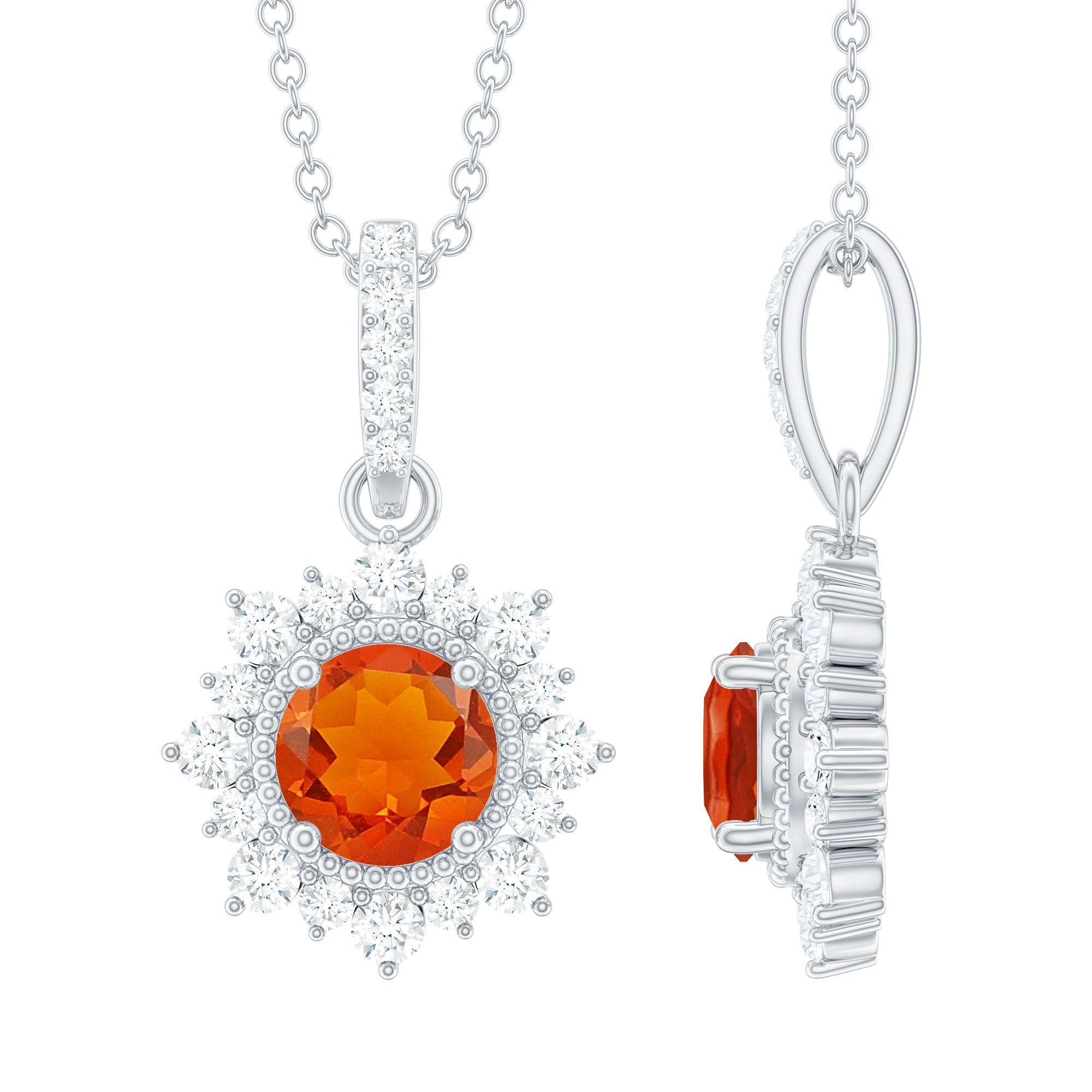 Round Fire Opal and Diamond Halo Pendant Necklace AAA - Rosec Jewels