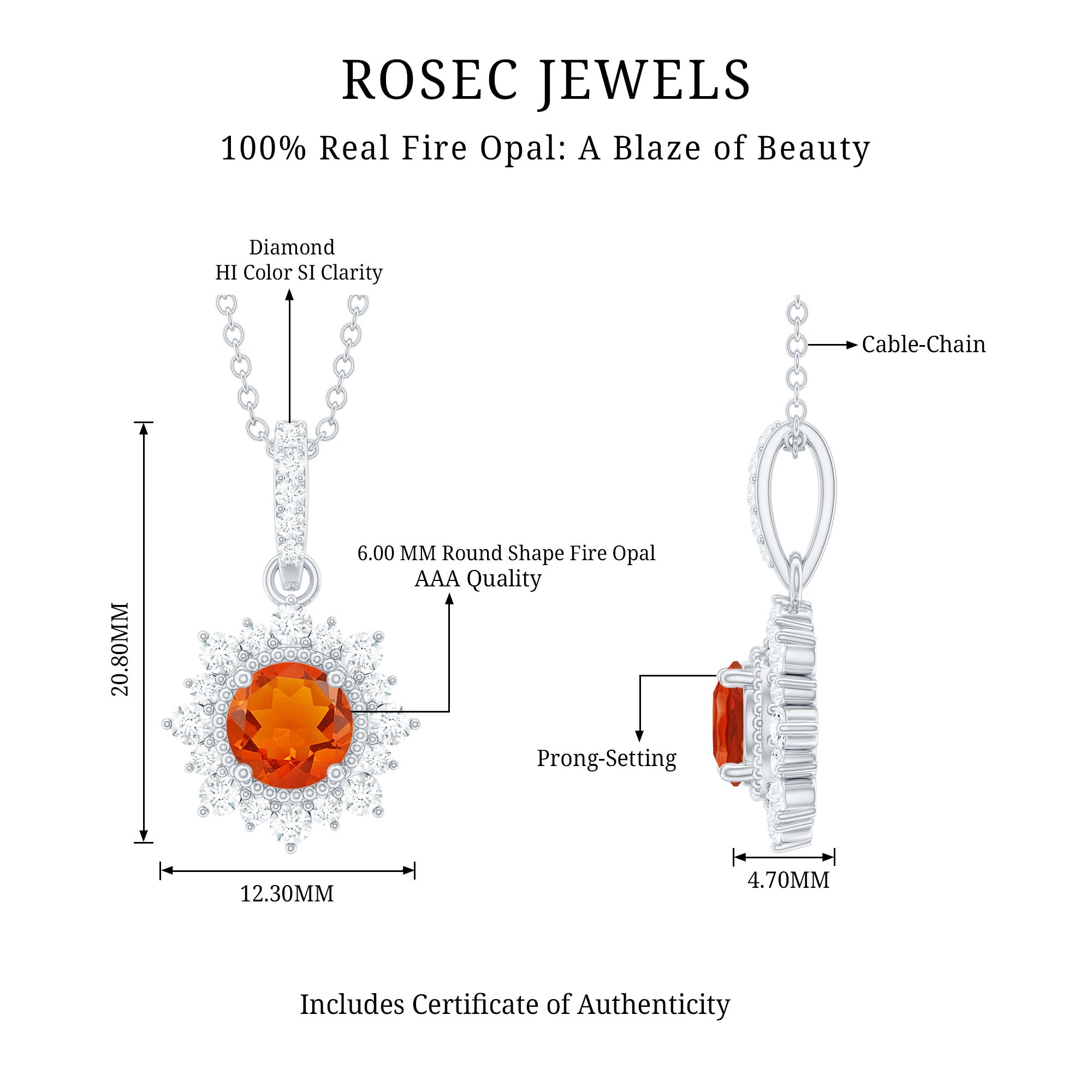 Round Fire Opal and Diamond Halo Pendant Necklace AAA - Rosec Jewels