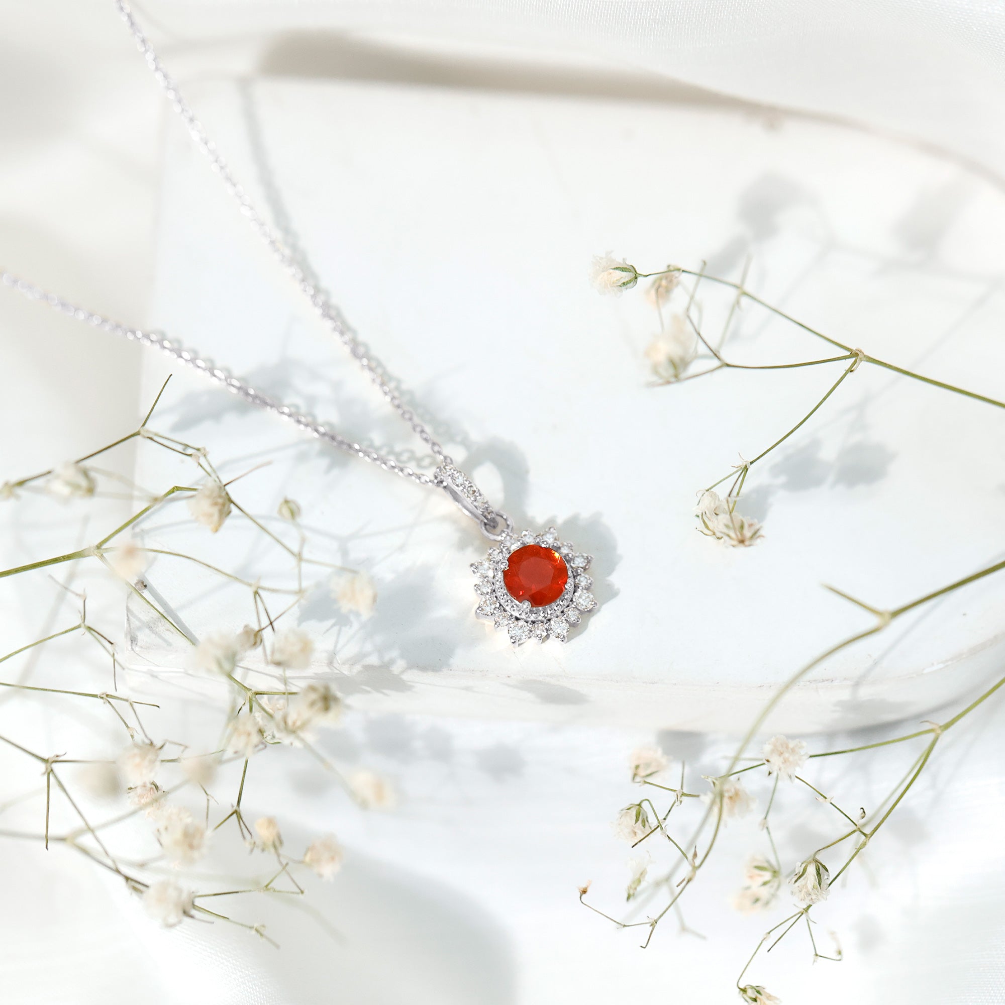 Round Fire Opal and Diamond Halo Pendant Necklace AAA - Rosec Jewels