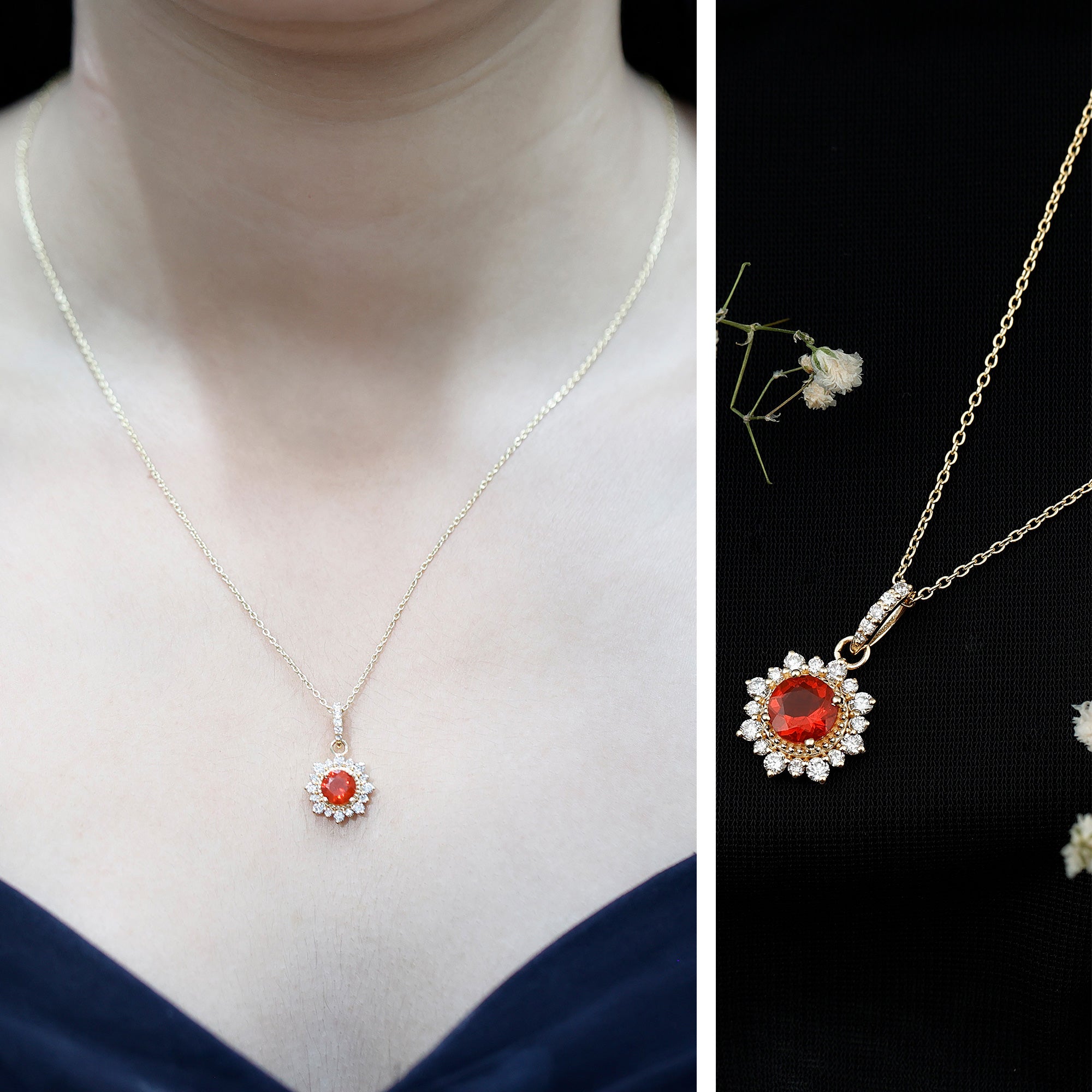 Round Fire Opal and Diamond Halo Pendant Necklace AAA - Rosec Jewels