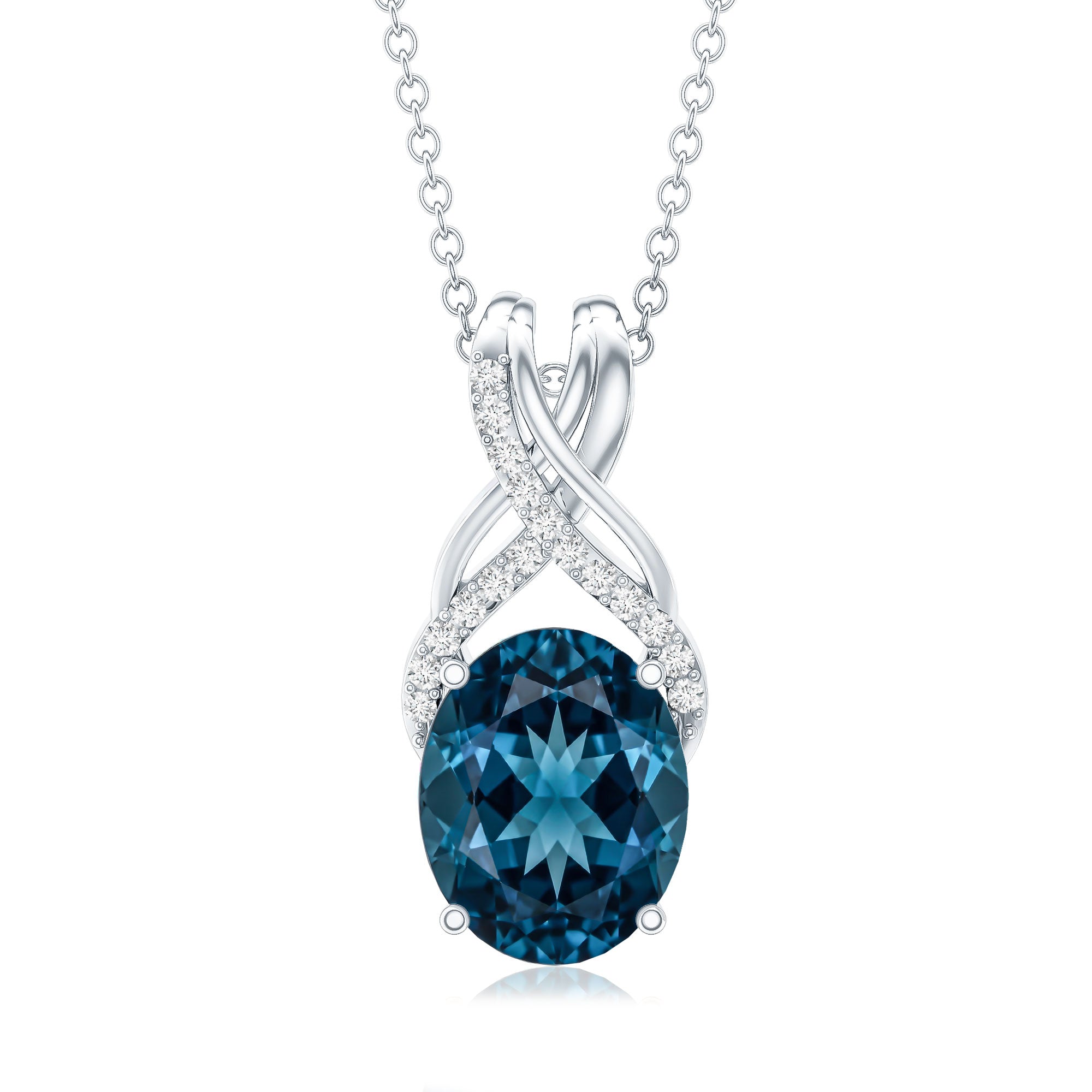 2.5 Carat Oval London Blue Topaz Solitaire Necklace with Diamond Twisted Bail AAA - Rosec Jewels