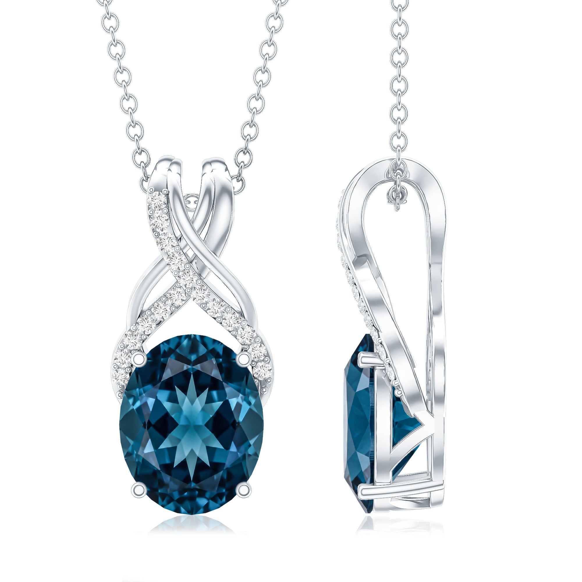 2.5 Carat Oval London Blue Topaz Solitaire Necklace with Diamond Twisted Bail AAA - Rosec Jewels