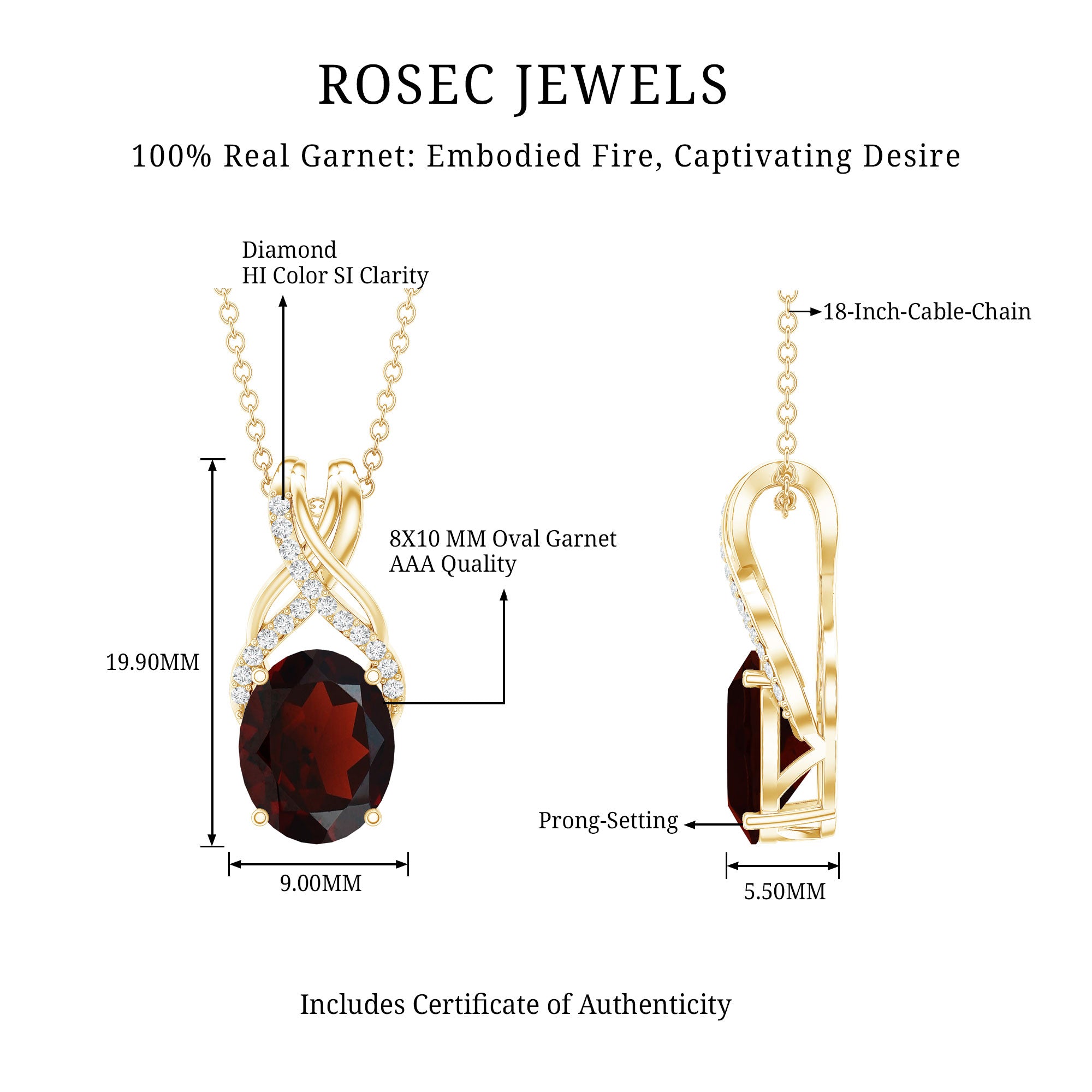 3.6 Carat Oval Shape Garnet Solitaire Twisted Bail Pendant Necklace with Diamond AAA - Rosec Jewels