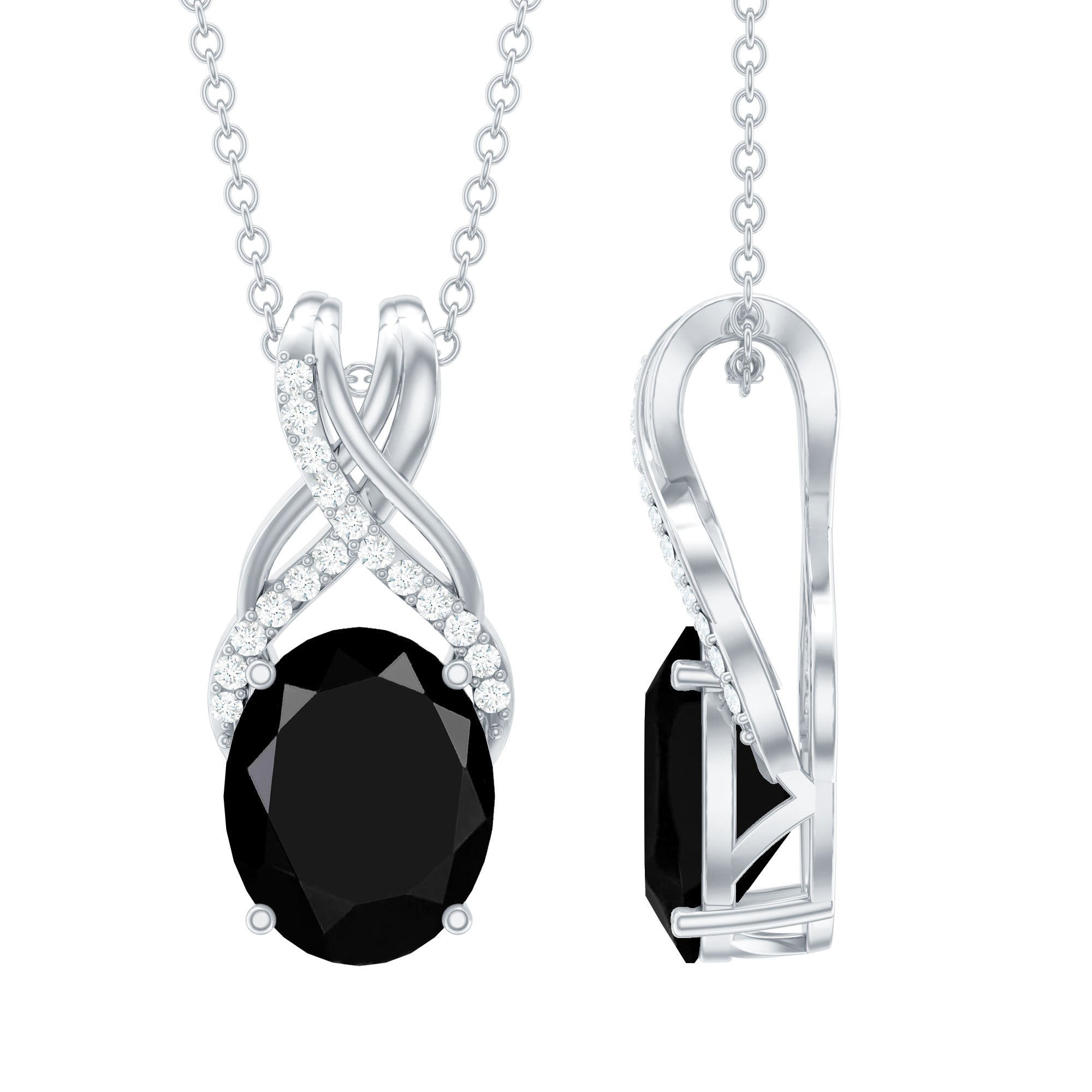 Oval Created Black Diamond Solitaire Pendant with Diamond Twisted Bail