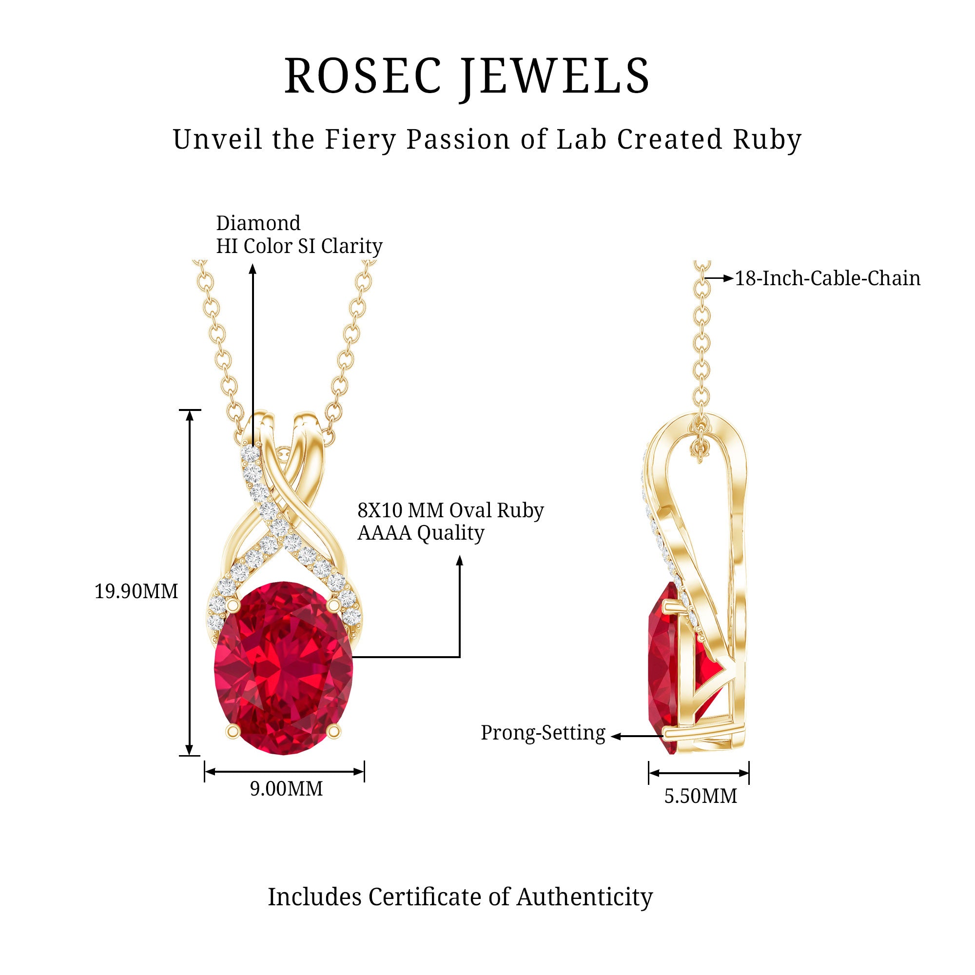 4 Carat Oval Lab Created Ruby Pendant with Diamond Bail AAAA - Rosec Jewels