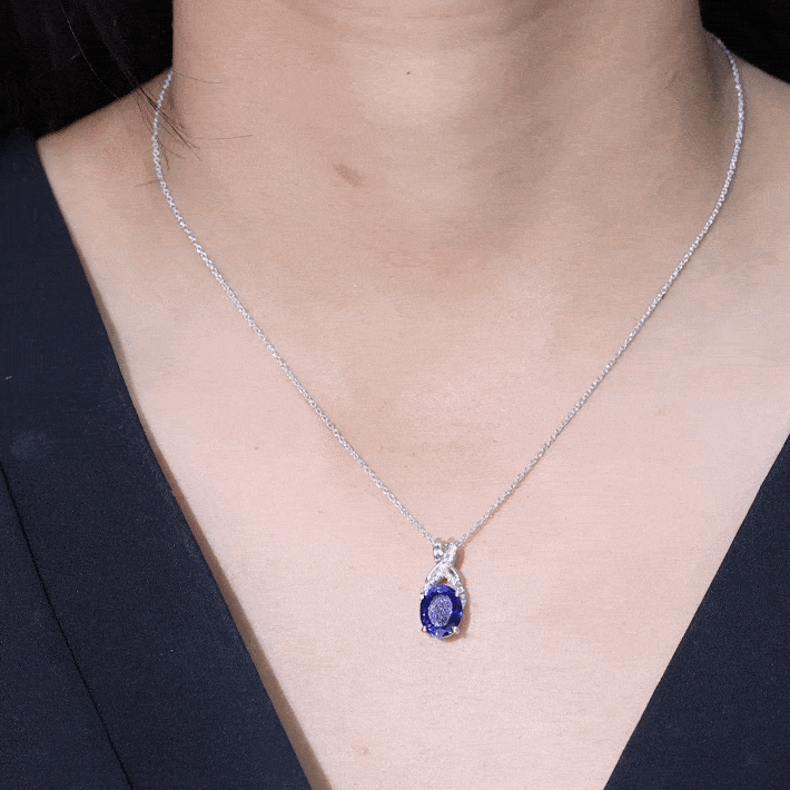 4 Carat Oval Lab Created Blue Sapphire Necklace with Diamond Twisted Bail AAAA - Rosec Jewels