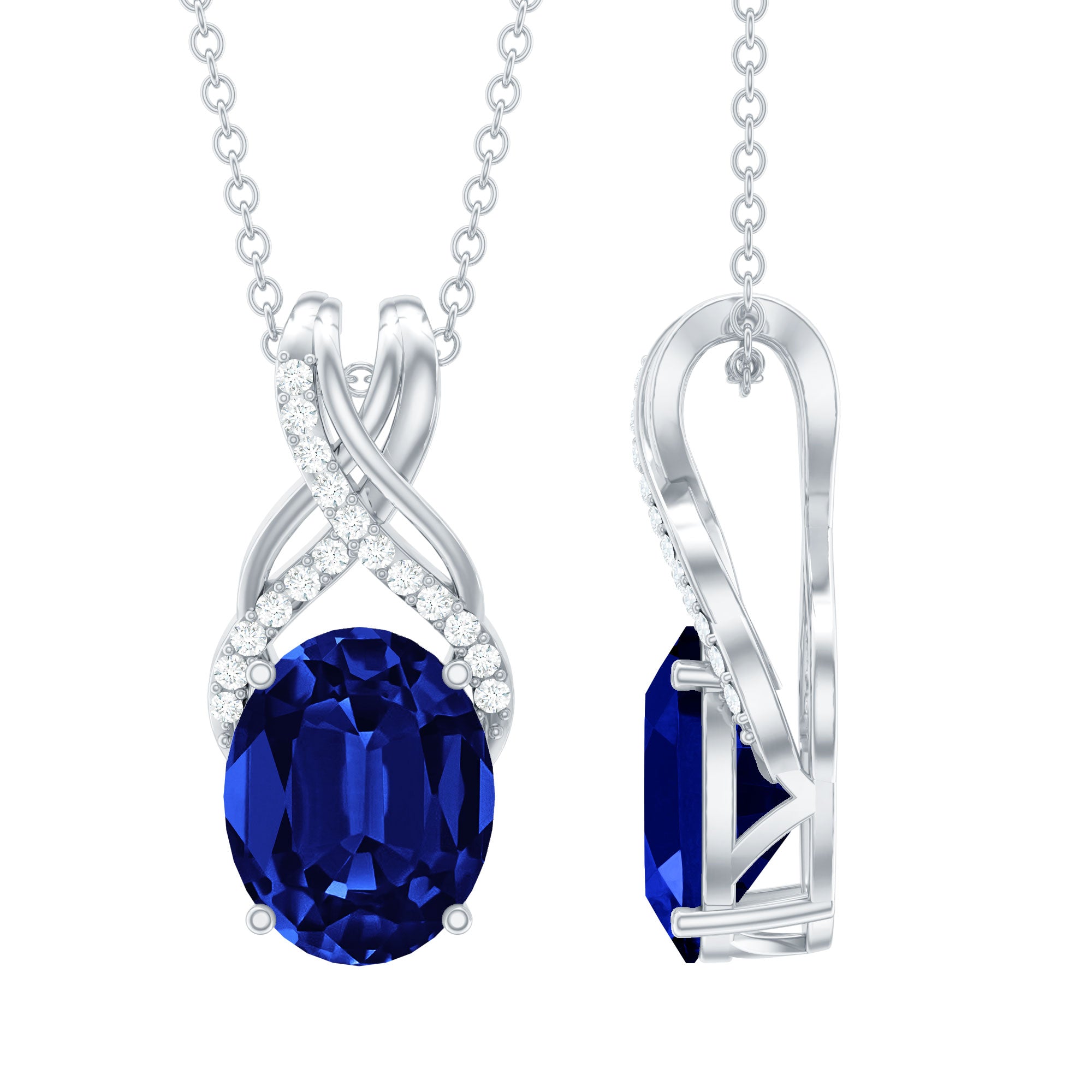 4 Carat Oval Lab Created Blue Sapphire Necklace with Diamond Twisted Bail AAAA - Rosec Jewels