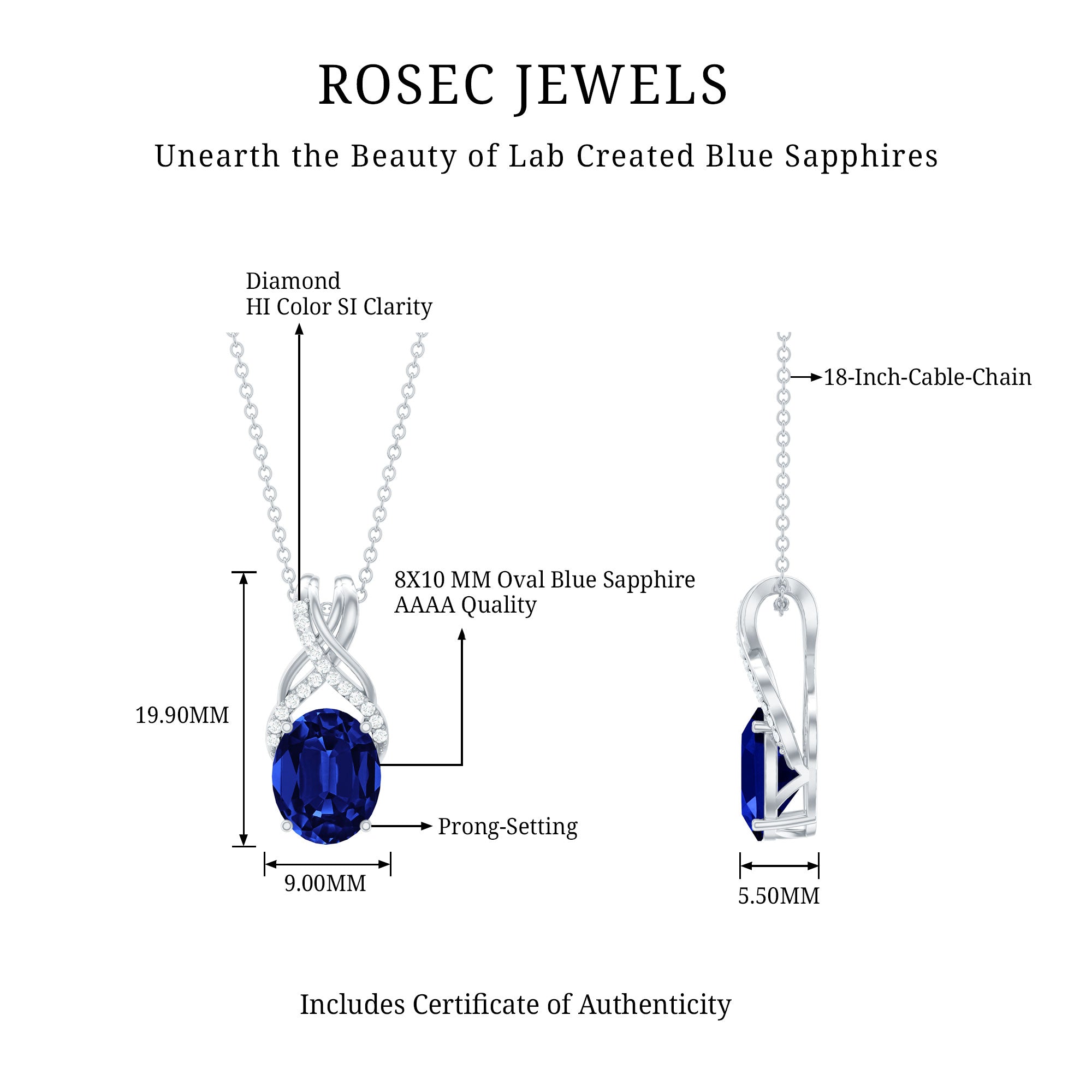 4 Carat Oval Lab Created Blue Sapphire Necklace with Diamond Twisted Bail AAAA - Rosec Jewels