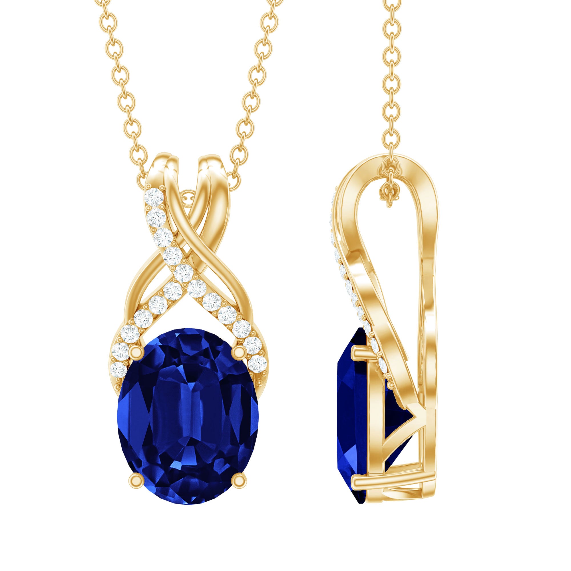 4 Carat Oval Lab Created Blue Sapphire Necklace with Diamond Twisted Bail AAAA - Rosec Jewels