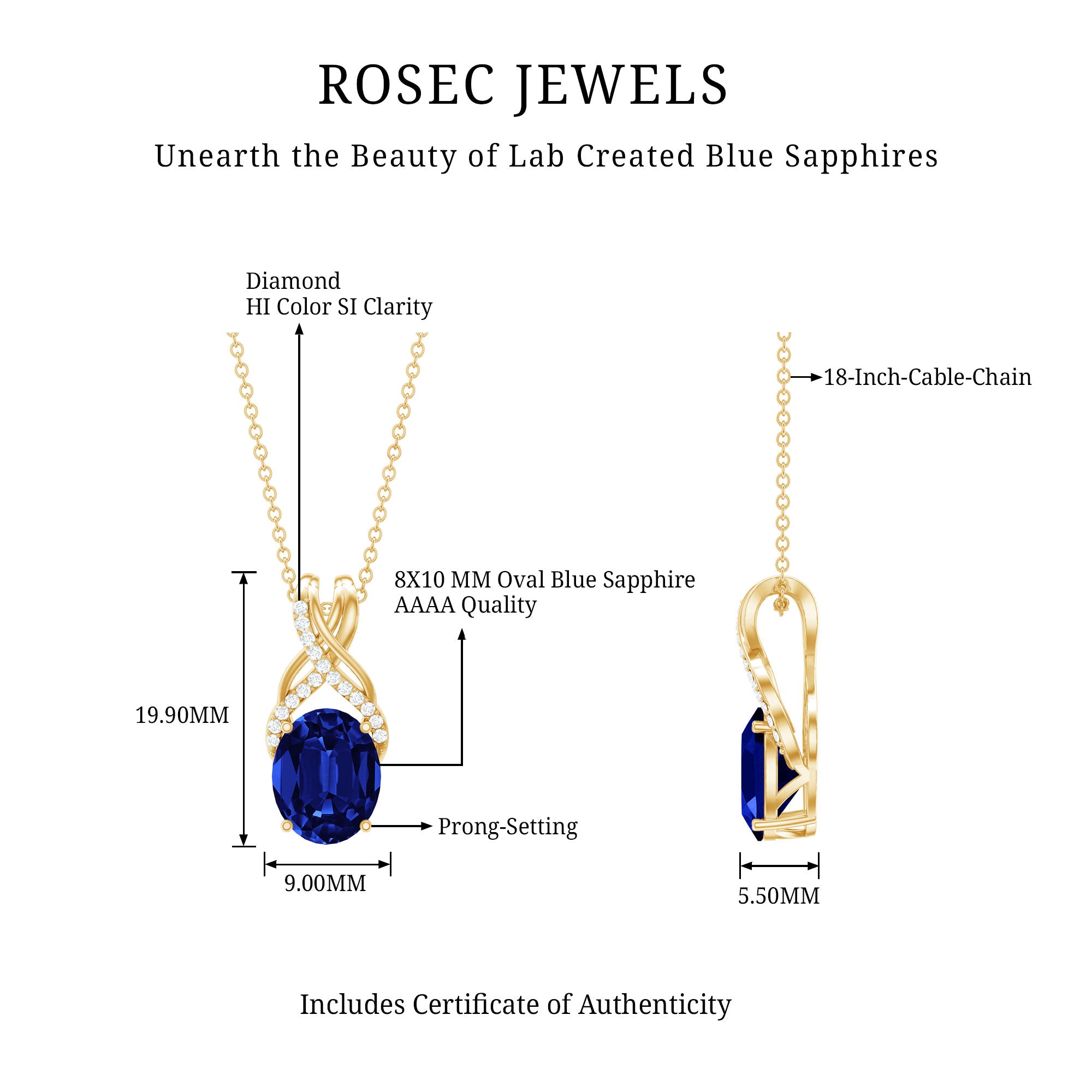 4 Carat Oval Lab Created Blue Sapphire Necklace with Diamond Twisted Bail AAAA - Rosec Jewels