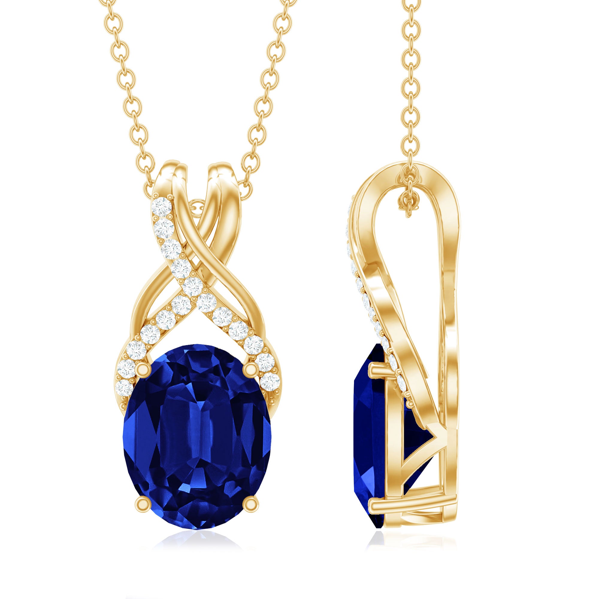 4 Carat Oval Lab Created Blue Sapphire Necklace with Diamond Twisted Bail AAAA - Rosec Jewels