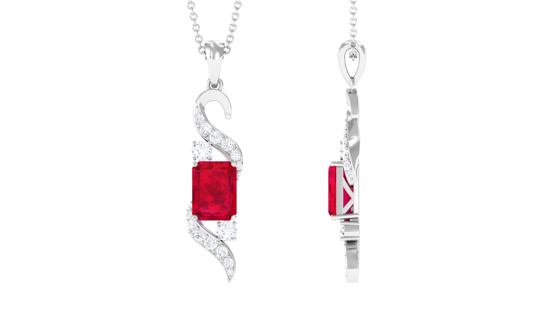 Emerald Cut Created Ruby Designer Dangle Pendant with Diamond