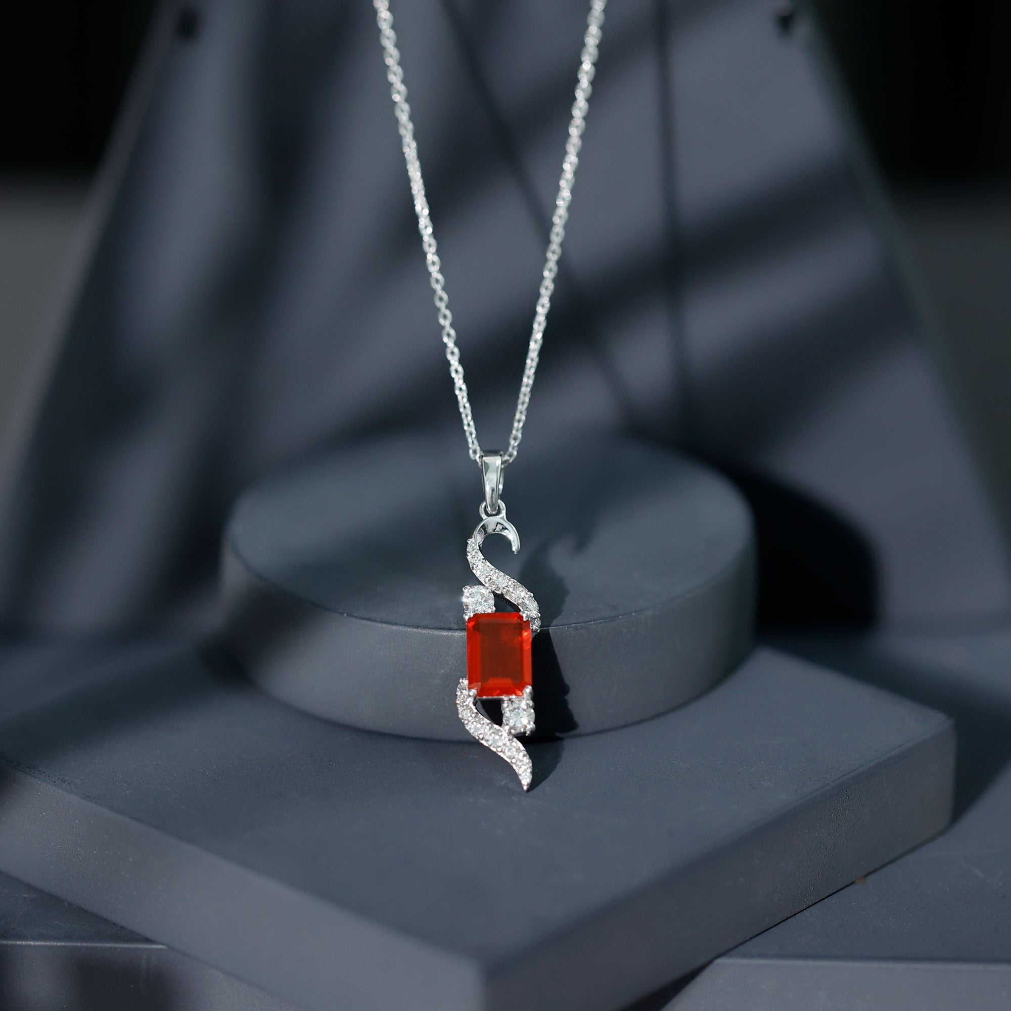 1 Carat Emerald Cut Fire Opal Designer Pendant with Diamond AAA - Rosec Jewels