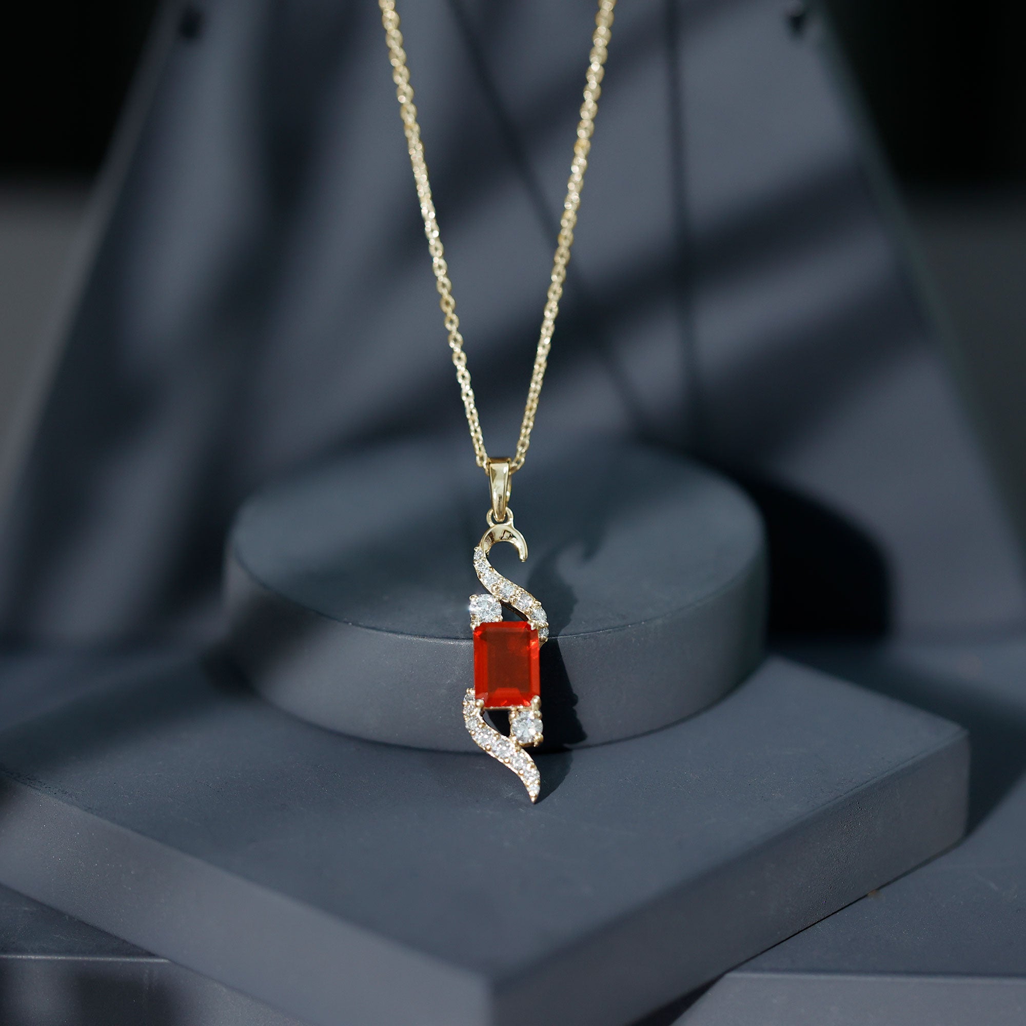 1 Carat Emerald Cut Fire Opal Designer Pendant with Diamond AAA - Rosec Jewels