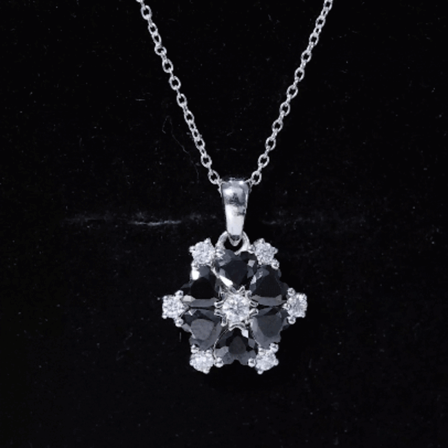 Heart Lab Created Black Diamond Flower Pendant Necklace AAAA ( Synthetic ) - Rosec Jewels