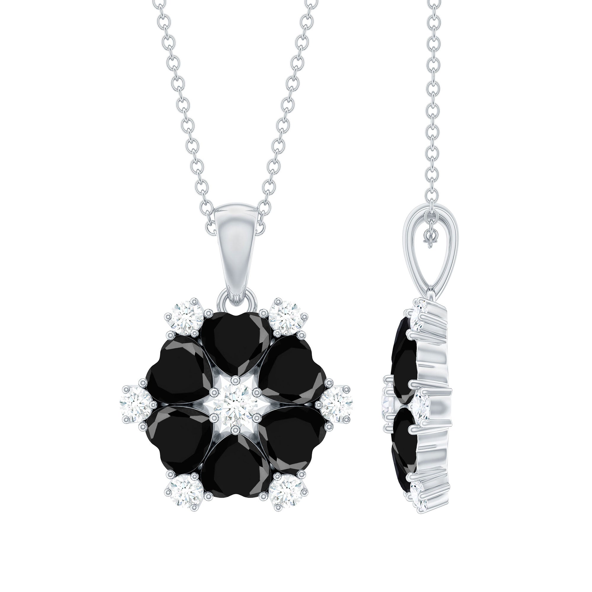 Heart Lab Created Black Diamond Flower Pendant Necklace AAAA ( Synthetic ) - Rosec Jewels