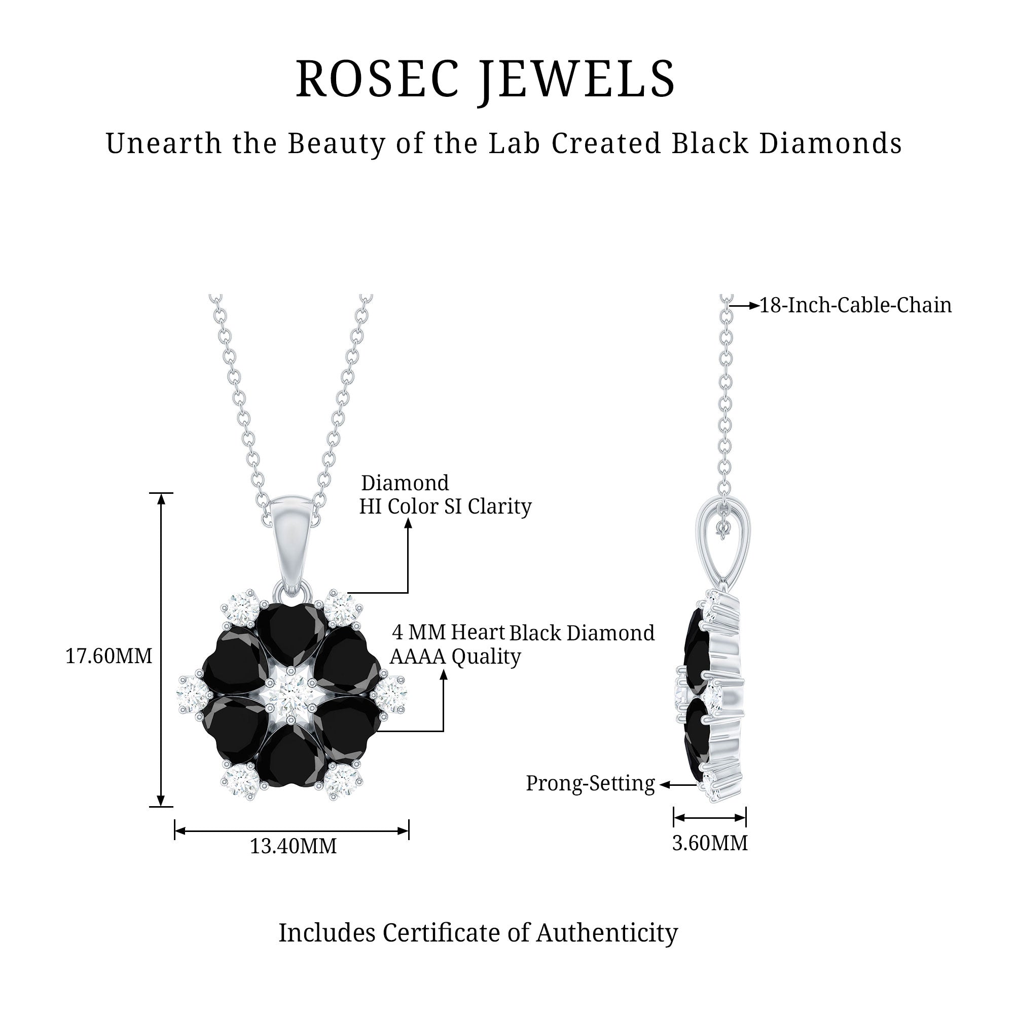 Heart Lab Created Black Diamond Flower Pendant Necklace AAAA ( Synthetic ) - Rosec Jewels