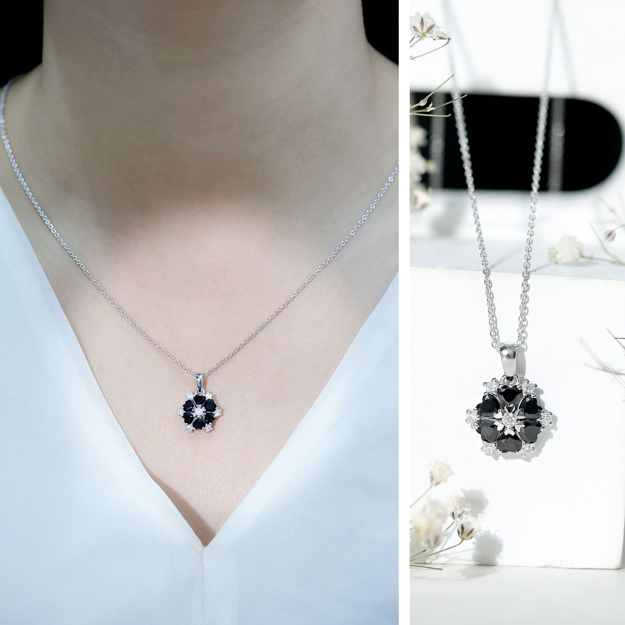 Heart Lab Created Black Diamond Flower Pendant Necklace AAAA ( Synthetic ) - Rosec Jewels