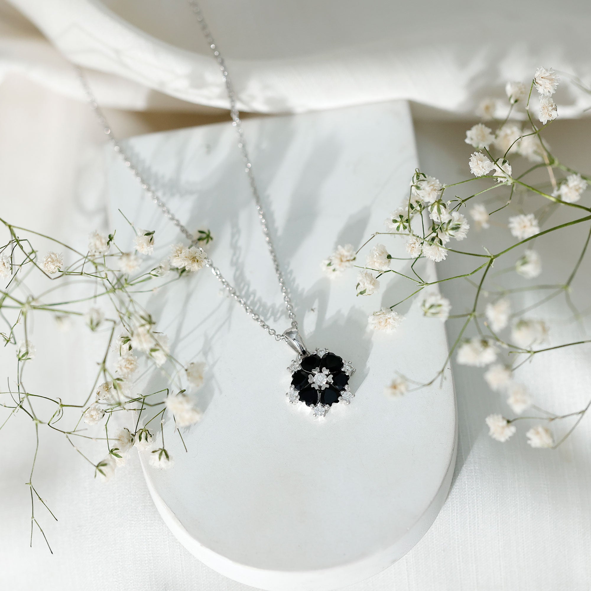 Heart Lab Created Black Diamond Flower Pendant Necklace AAAA ( Synthetic ) - Rosec Jewels