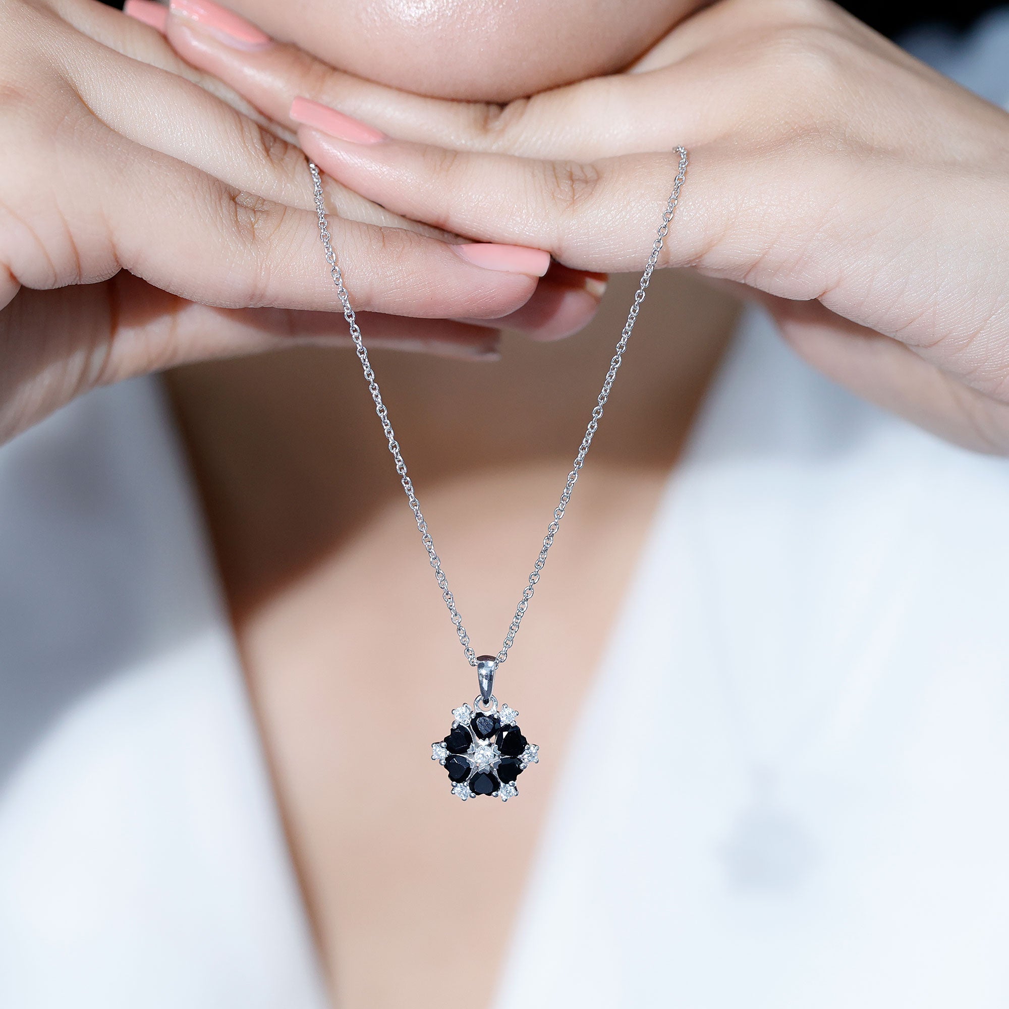 Heart Lab Created Black Diamond Flower Pendant Necklace AAAA ( Synthetic ) - Rosec Jewels