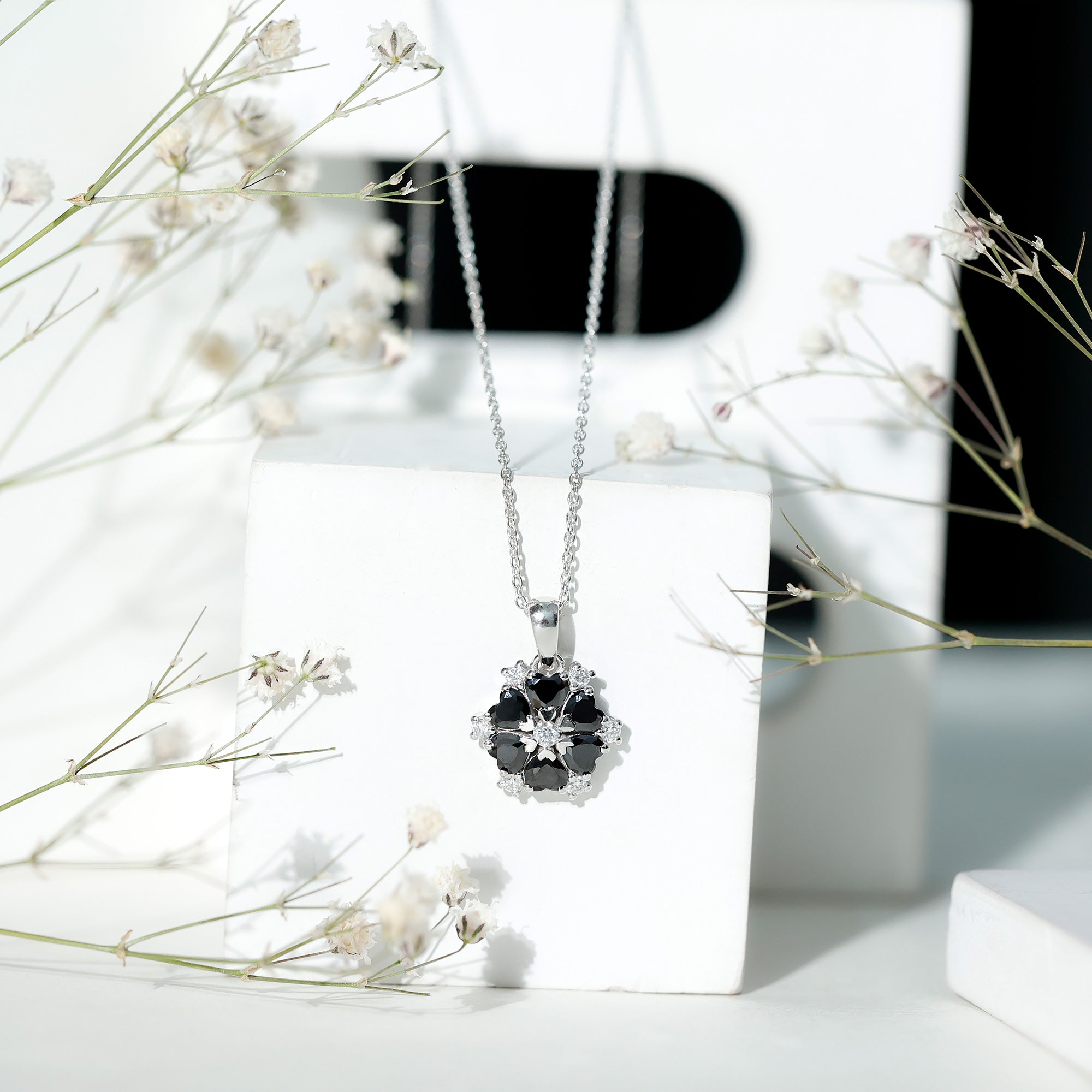 Heart Lab Created Black Diamond Flower Pendant Necklace AAAA ( Synthetic ) - Rosec Jewels