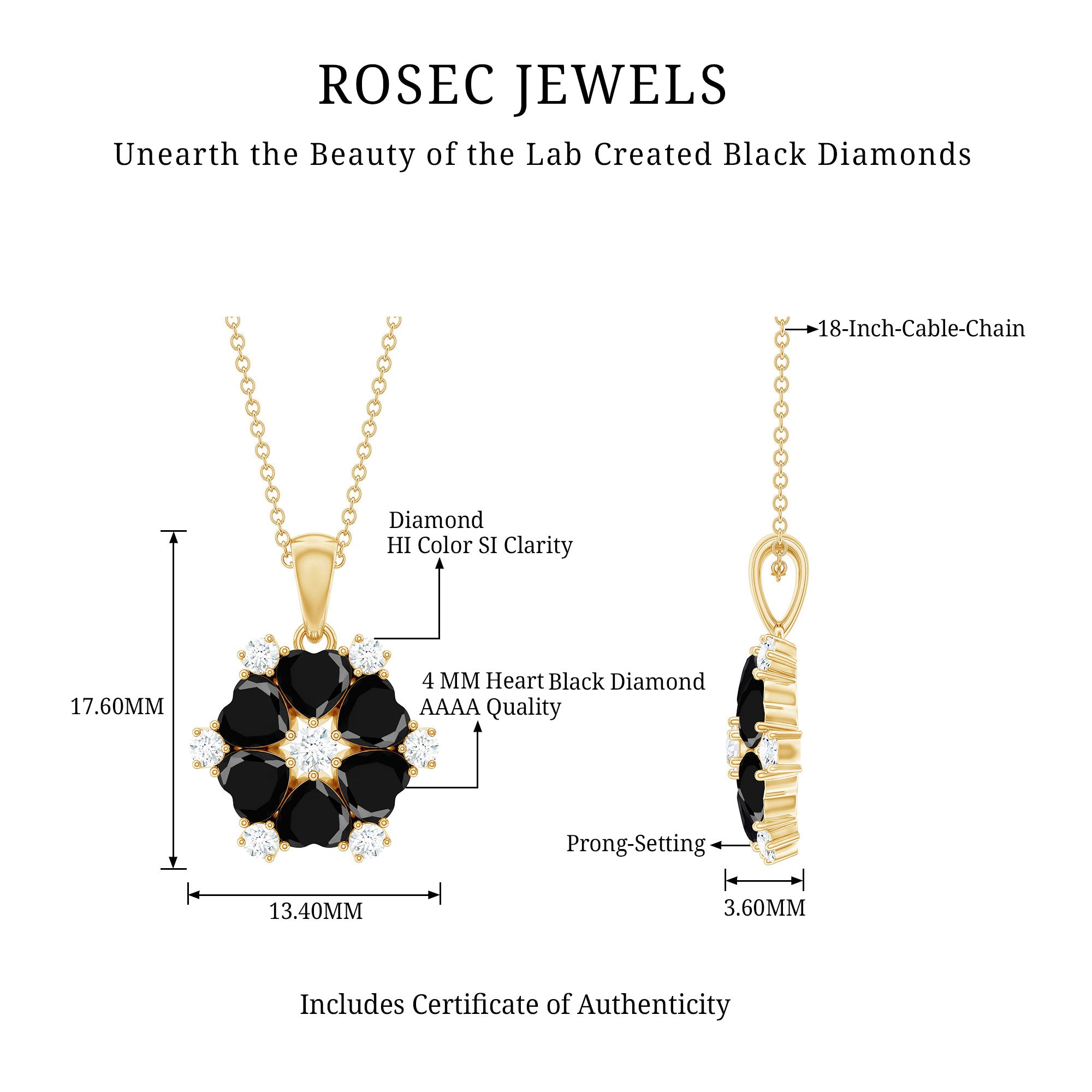 Heart Lab Created Black Diamond Flower Pendant Necklace AAAA ( Synthetic ) - Rosec Jewels