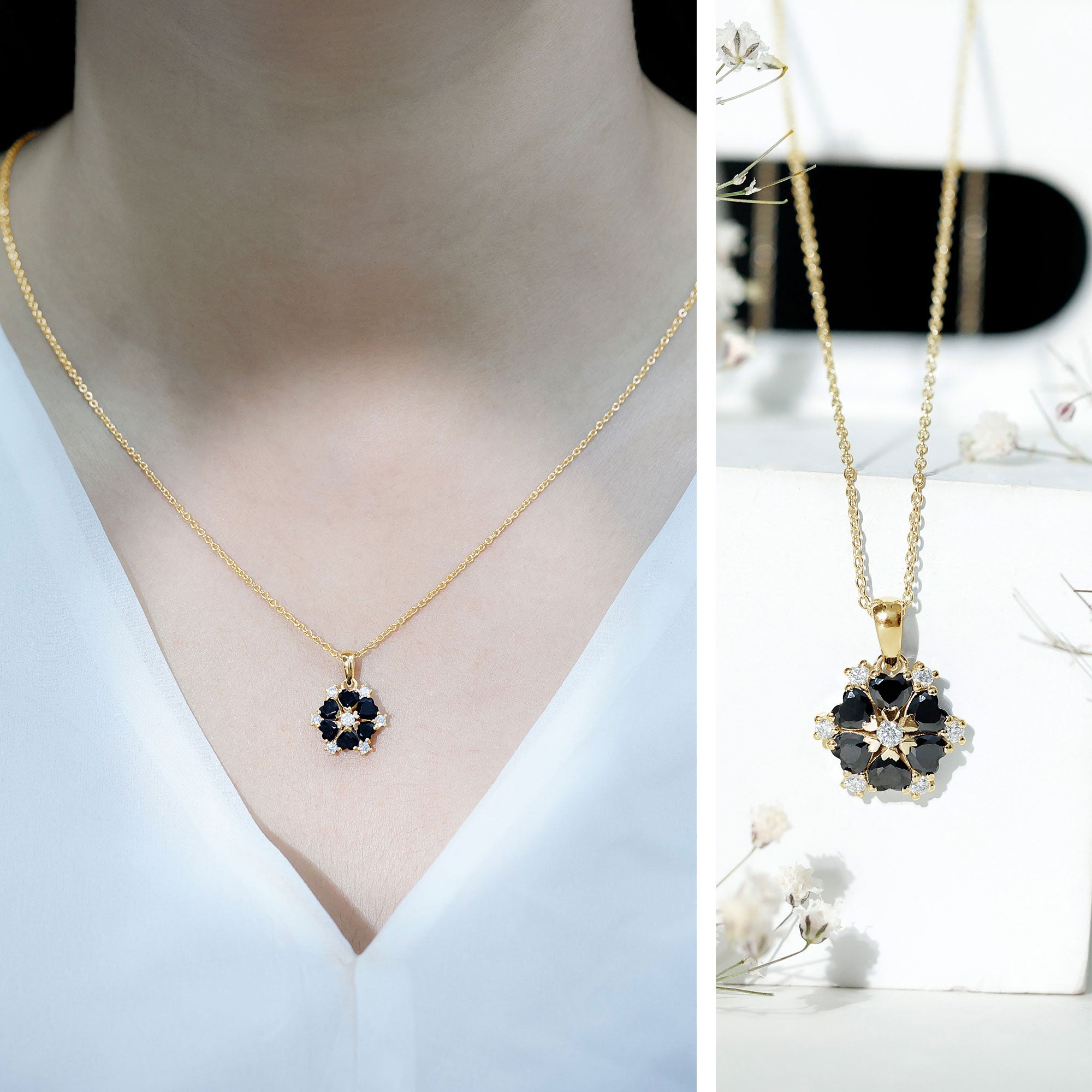Heart Lab Created Black Diamond Flower Pendant Necklace AAAA ( Synthetic ) - Rosec Jewels