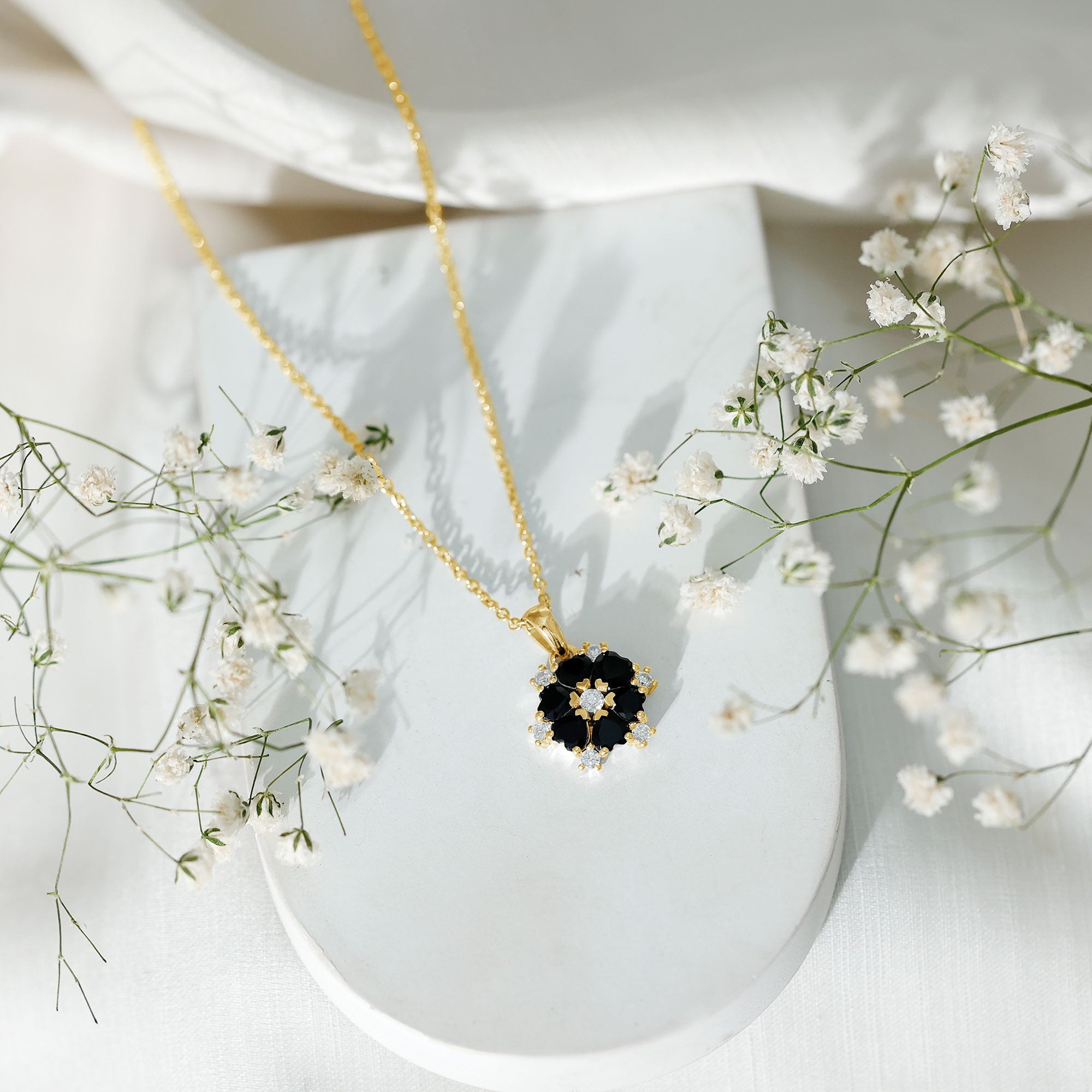 Heart Lab Created Black Diamond Flower Pendant Necklace AAAA ( Synthetic ) - Rosec Jewels