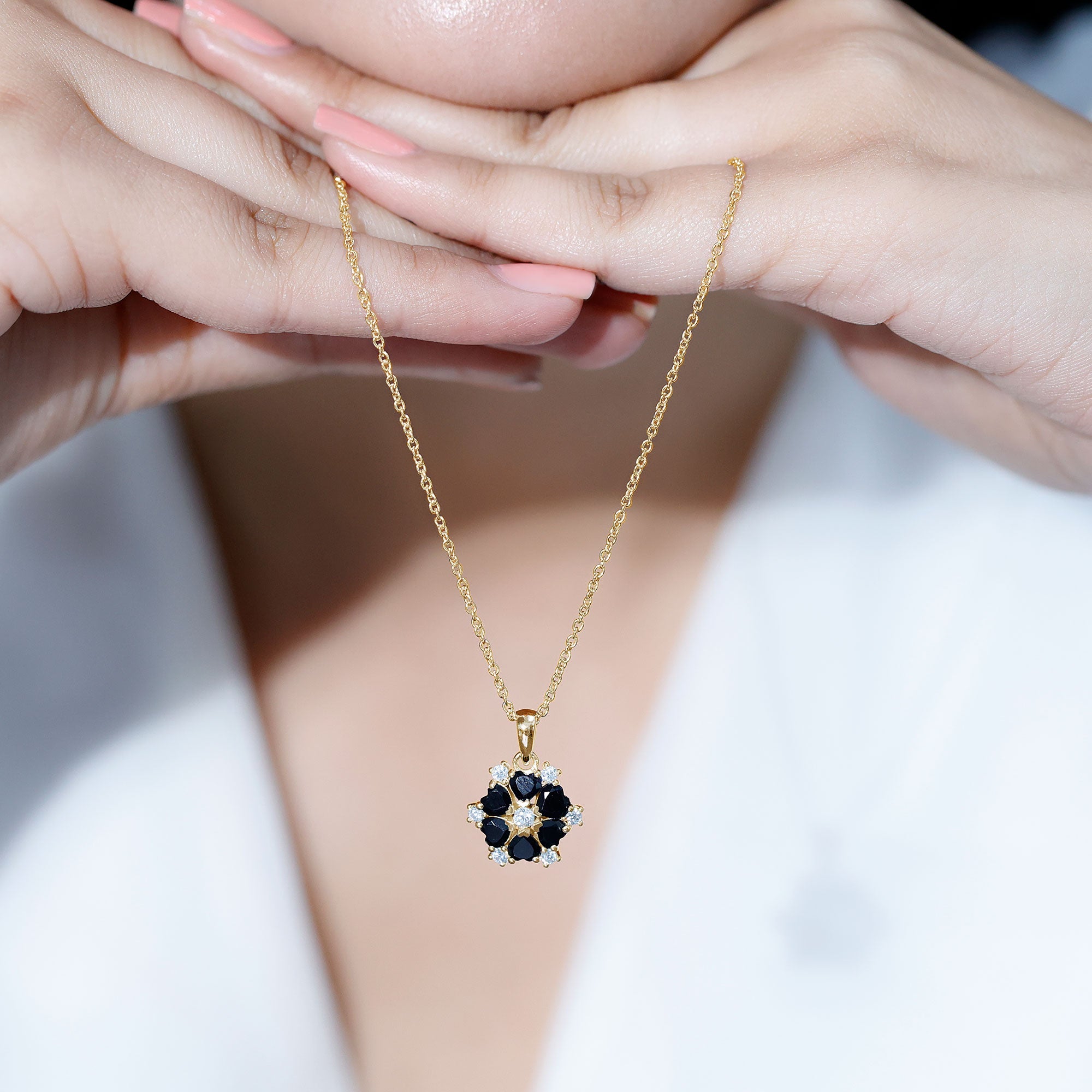 Heart Lab Created Black Diamond Flower Pendant Necklace AAAA ( Synthetic ) - Rosec Jewels